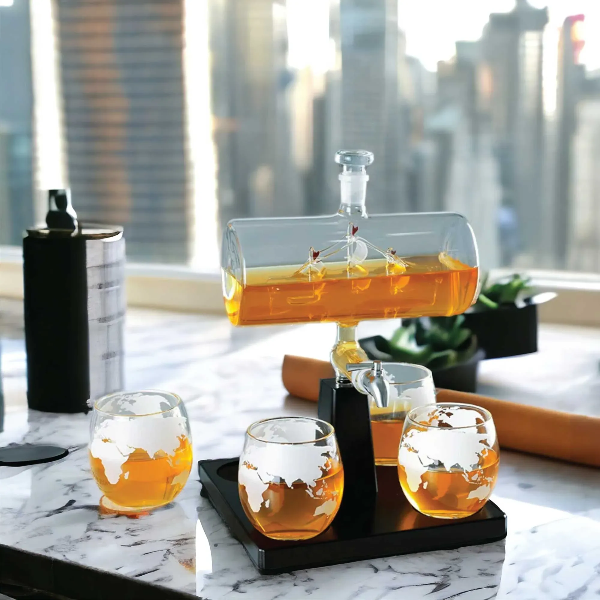 Kitchee 1L Whiskey or Wine Sailboat Glass Decanter Set - 4 Glasses + Stand — image 2