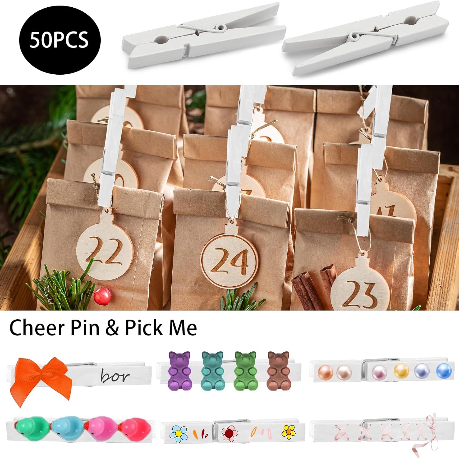 50Pcs White Wooden Clothespins, 2.9 inch Clothes Pins for Crafts, Natural Laundry Hanging Clips, DIY Cheer Pin — image 4