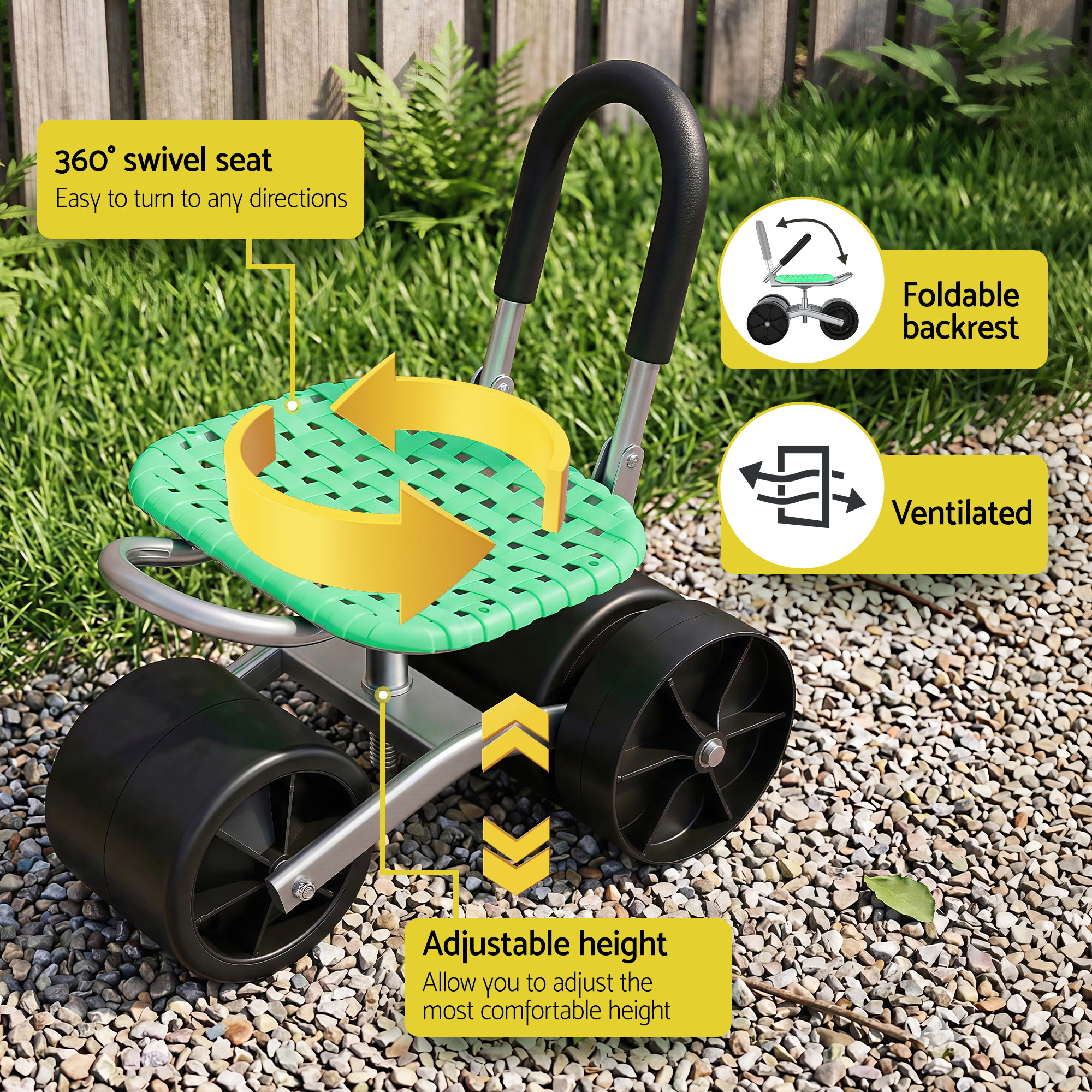 Gardeon Gardening Cart with 360° Swivel Seat | Rolling Work Seat with Adjustable Height & All-Terrain Wheels | 130KG Capacity Heavy Duty Garden Scooter for — image 5