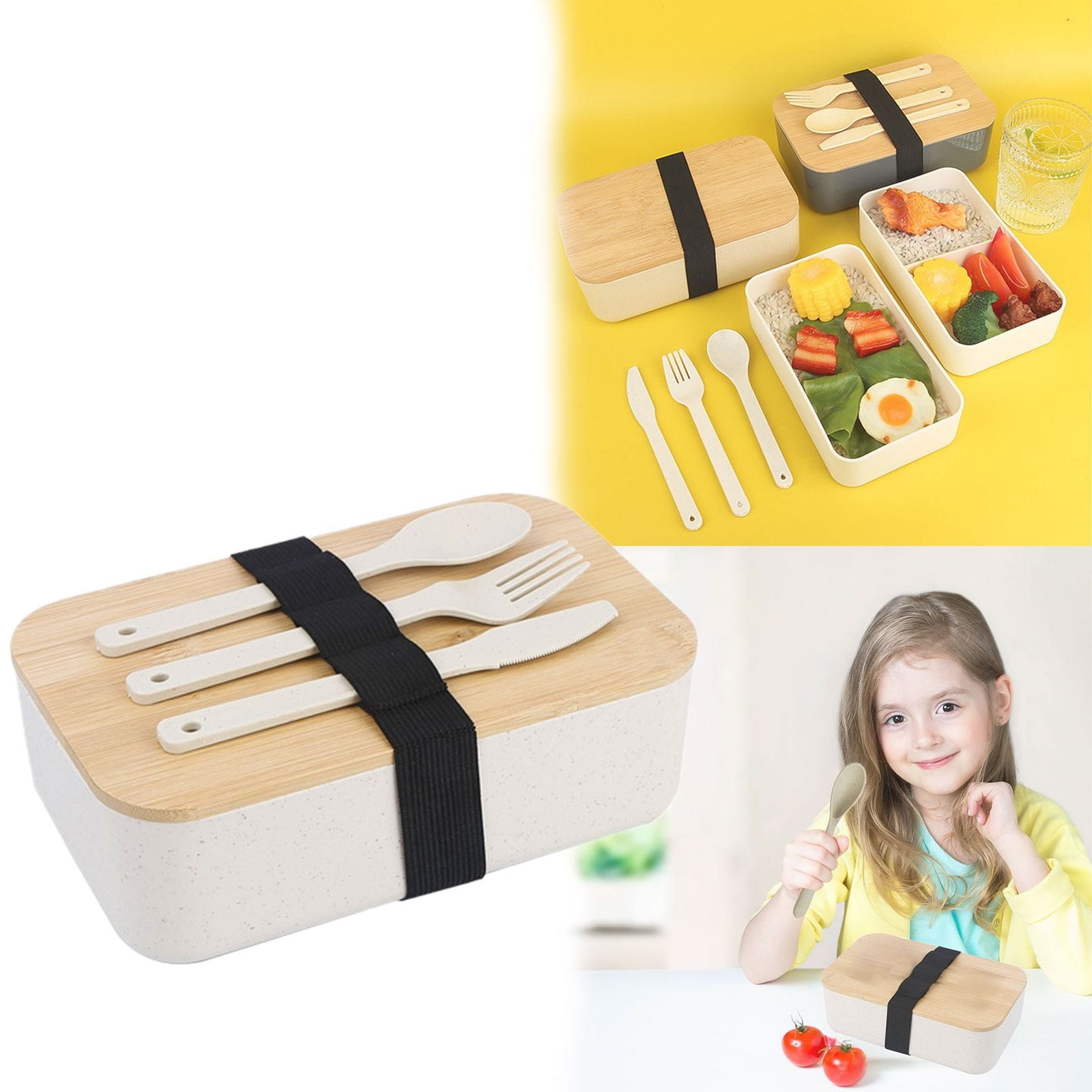 2-Layer Bento Lunch Box with Spoon and Fork, Divided Food Storage Container for Work, School, Travel and Everyday Meals, Beige — image 2
