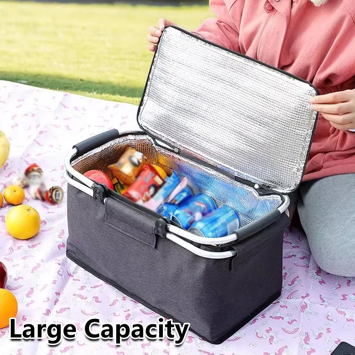 Folding Picnic Basket Insulated Cooler Bag Portable Outdoor Grocery Storage - Black โ image 6