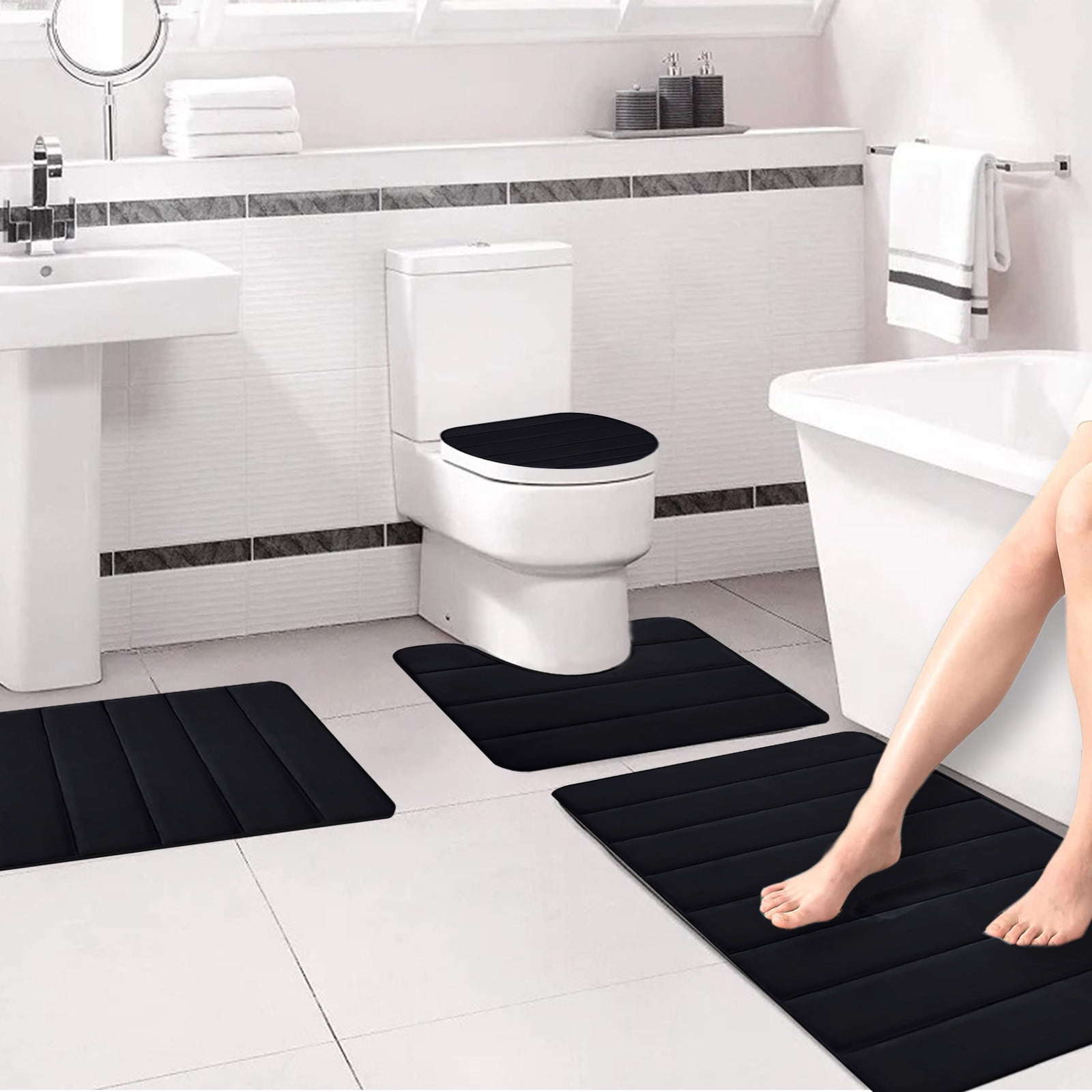 Bathroom Rugs Sets 4 Piece, Bath Mat Set and Oval Toilet Base with Rubber Backing, Plush Absorbent Shaggy Chenille Washable Mats, Includes 16x24", 16x20" — image 5