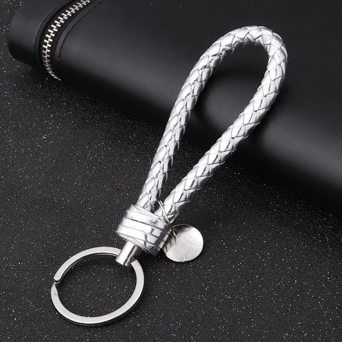 Luxury PU Leather Keychain | Key Holder | Woven Keychain | Universal | Silver — image 4