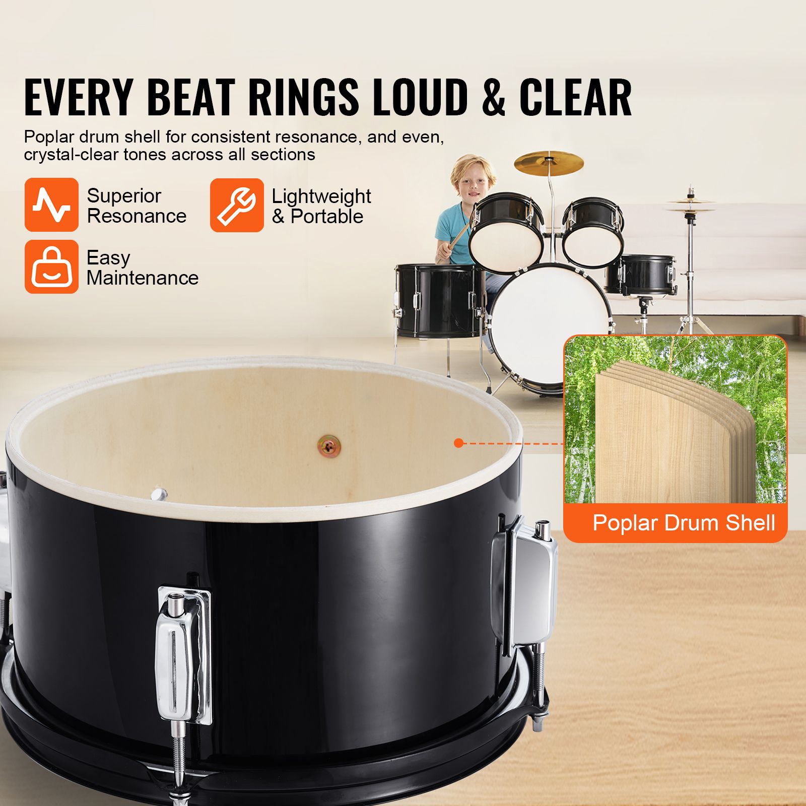 Kids Drum Set, 5-Piece, 406.4 mm Beginner Full Drum Set with Bass Toms Snare Floor Drum Adjustable Throne Cymbal Hi-Hat Pedal and Two Pairs of Drumsticks — image 2