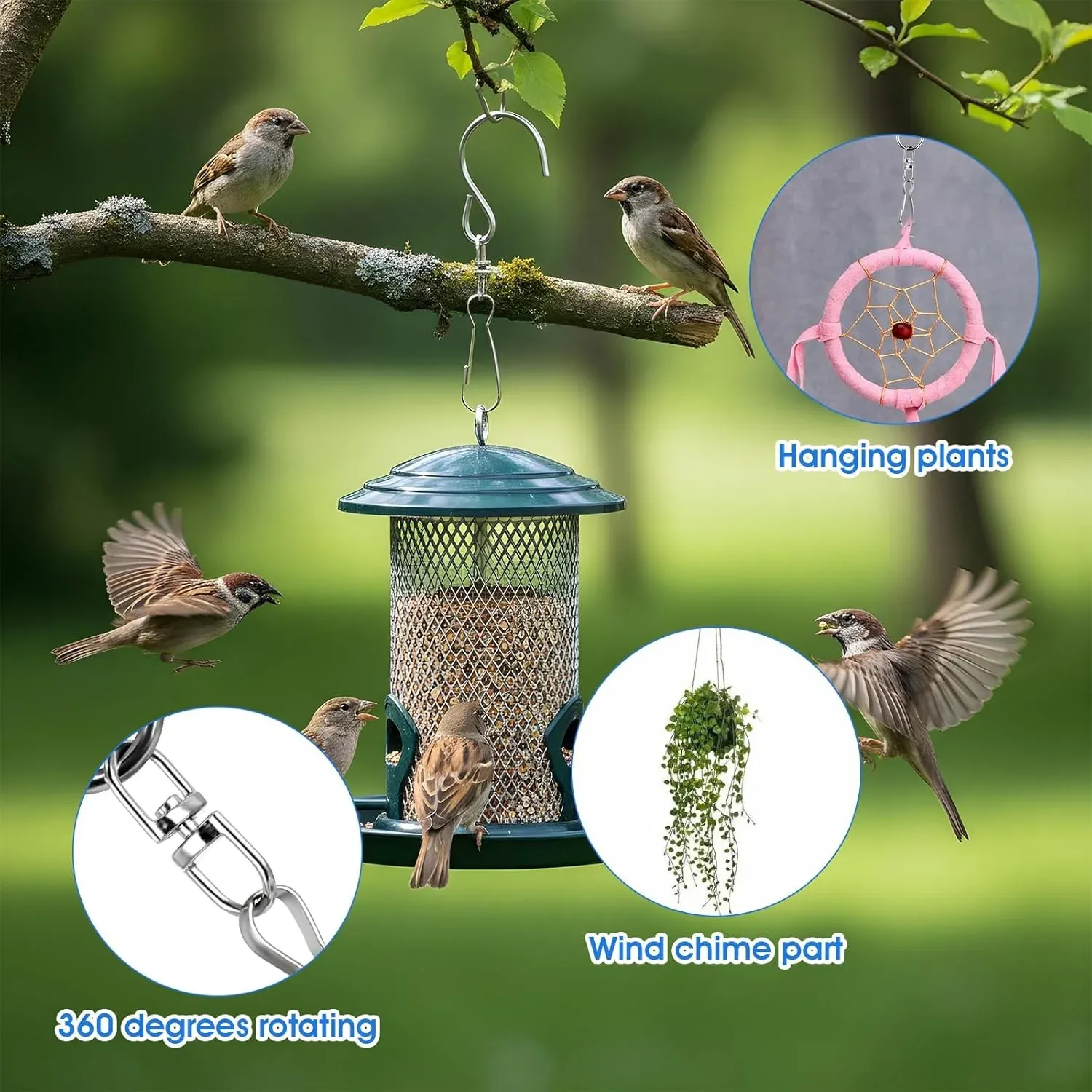 12 PCS Swivel Hanging Hooks Clips, 360 Degree Rotating Stainless Steel for Wind Chimes Bird Feeders Outdoor Ornaments, Silver โ image 4