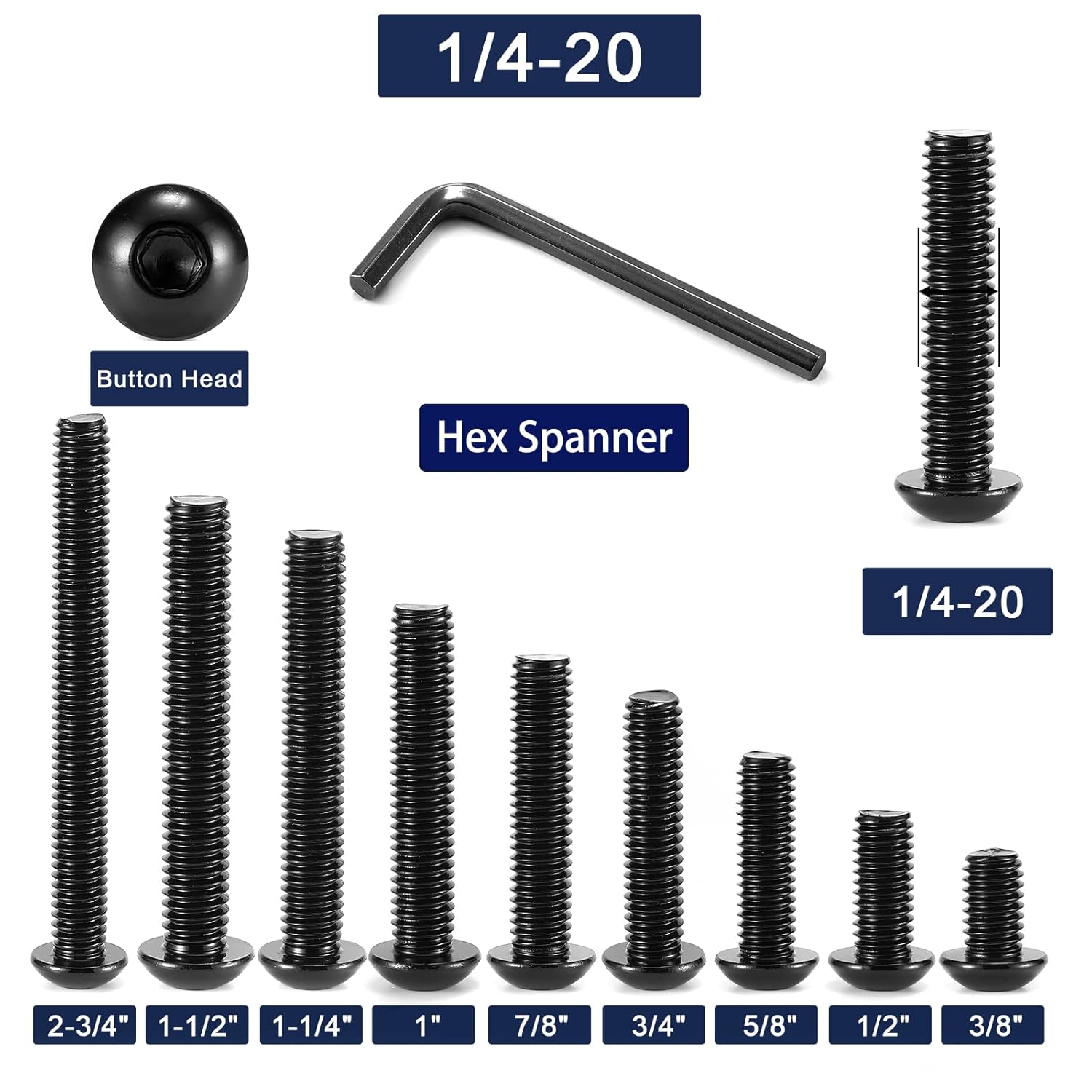1/4-20 × 1 Button Head Socket Cap Bolts Screws, 20Pcs 304 Stainless Steel 18-8, Allen Hex Drive, Black Oxide by (with Hex Spanner) — image 3