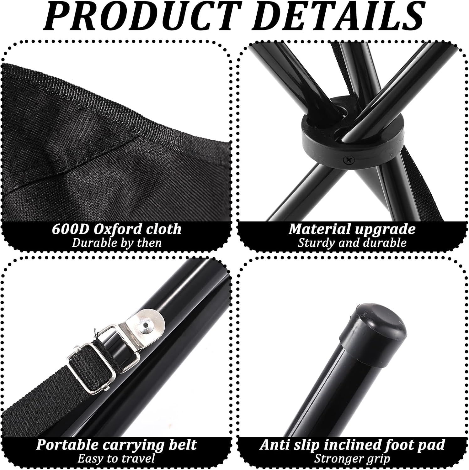 2PCS Portable Folding Camping Stool, Travel Outdoor Tripod Seat, Black Folding Camping Chairs for Camping Party Picnic Beach Garden Lawn Walking — image 3