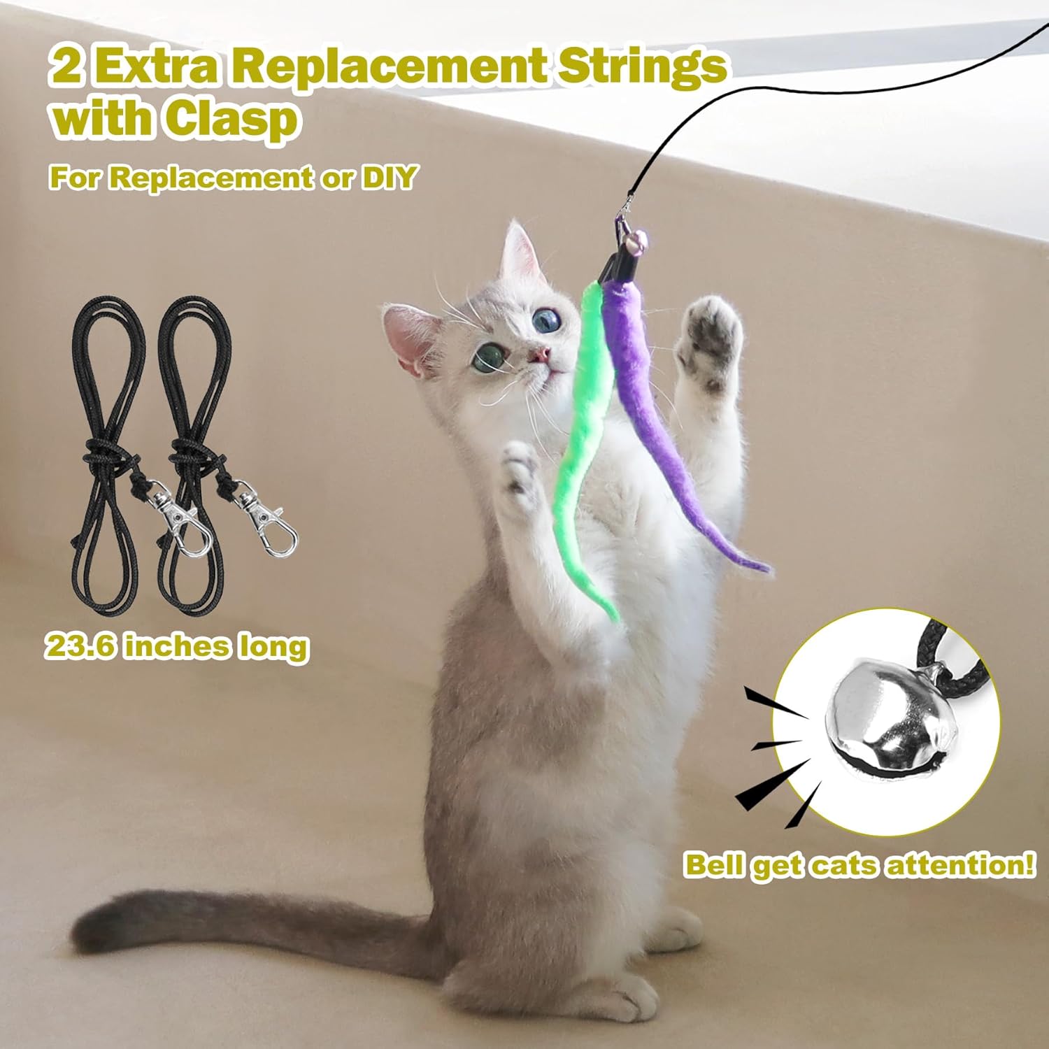 Huidcom Cat Feather Toy Retractable Cat Toys Wand with 2 Wands & 9 Assorted Teaser Refills Interactive Feather Teaser Wand Toy with Bell for Kitten Or Cat — image 6
