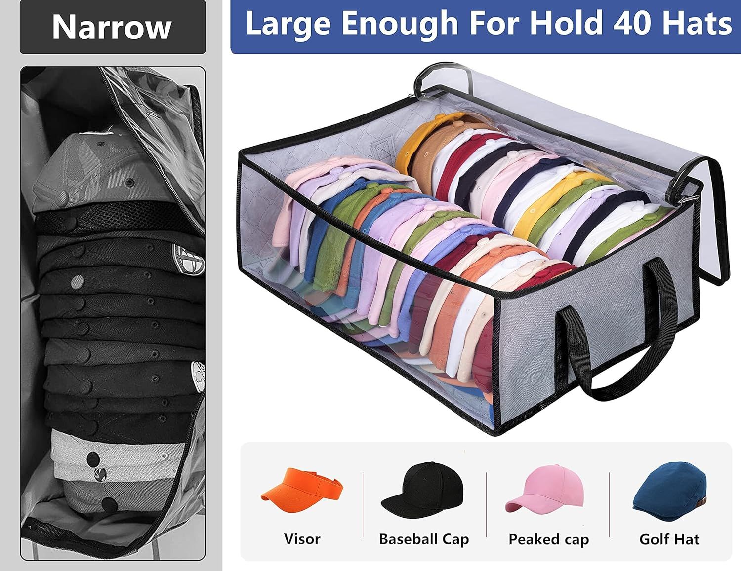 Large Capacity Foldable Hat Organizer Storage Box with Clear See-Through Window for Baseball Caps, Clothes, Toys, and Books, Underbed and Closet Container — image 2