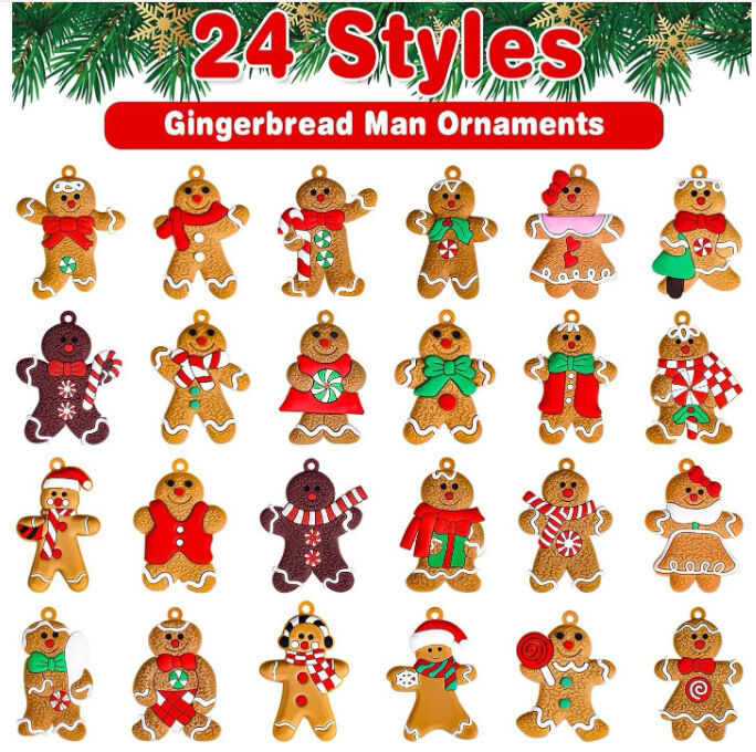 24pcs Christmas Ornaments Cute Snowman Xmas Tree Decorations Santa Claus Plastic Figurines Ornaments with Sugar Cookie House for Christmas Tree Hanging Party