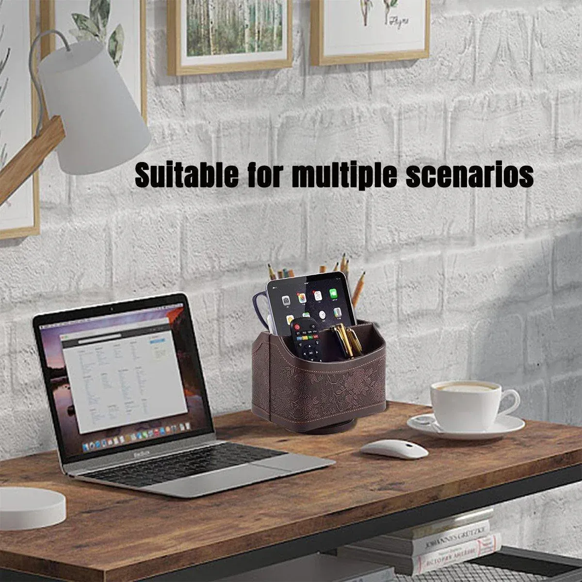 Leather Remote Control Holder 360 Degree Spinning Desk TV Remote Table Organizer - Black β image 5