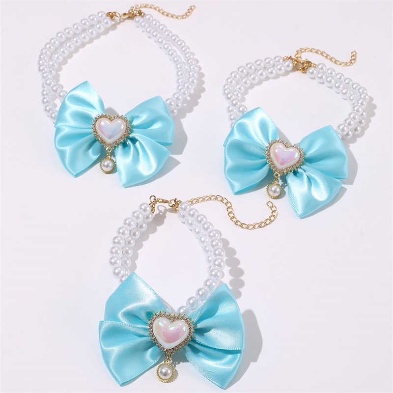 2 - PCS Cute Pet Pearl Necklace Collar with Blue Bow and Heart Charm - Size M — image 2