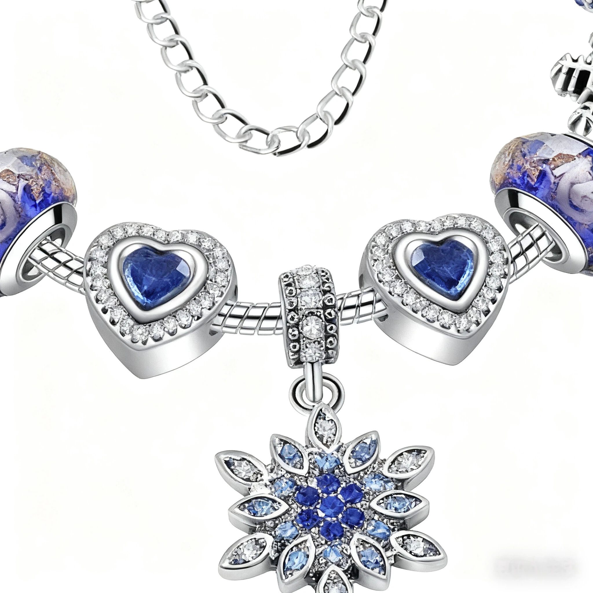 Blue Cat’s Eye & Glass Bead Bracelet – Rhinestone Snowflake Pendant(17cm) — image 2