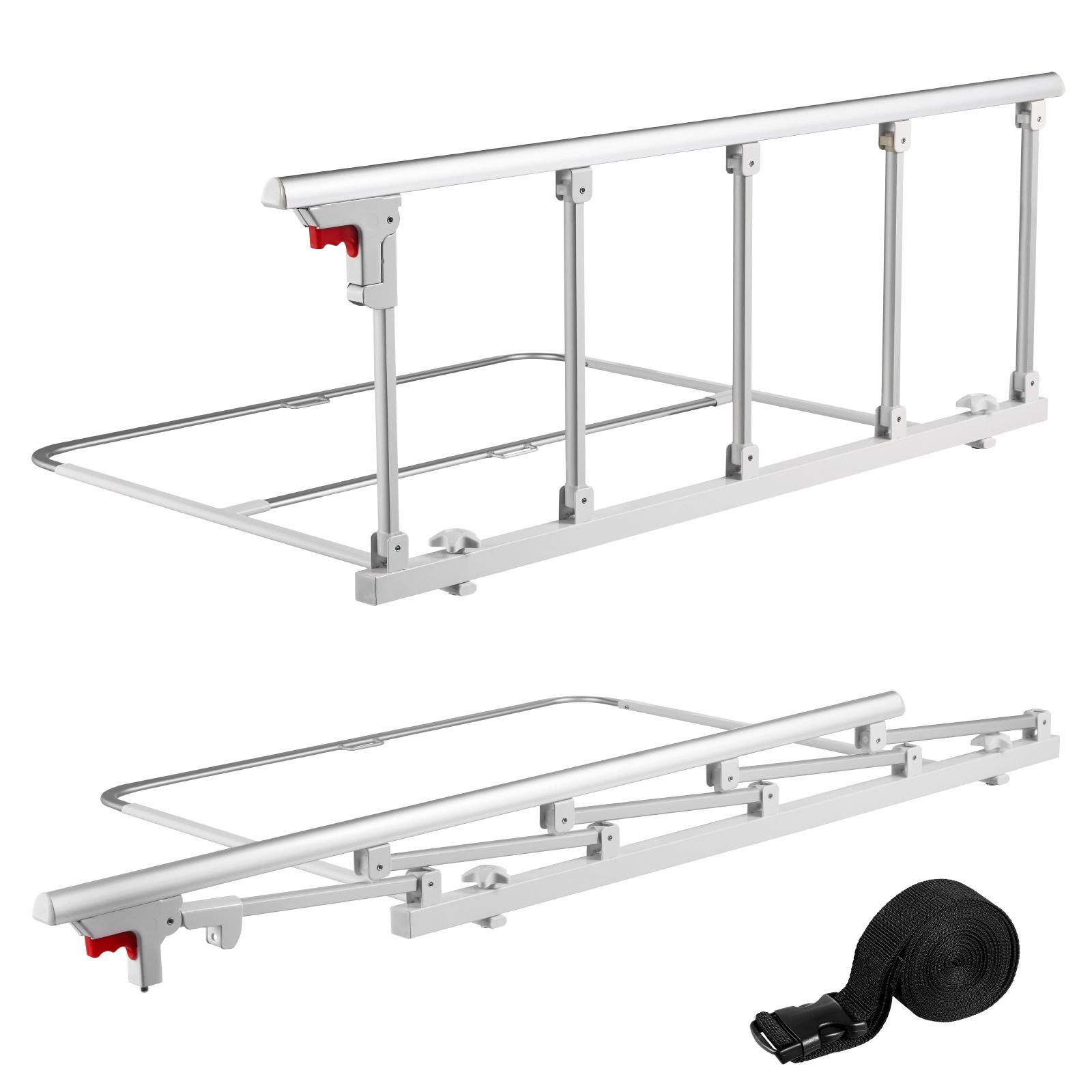 Foldable Bed Rail for Elderly, 122 cm Bedside Assist Rail with Fixing Strap, Adjustable Height Pipe Bedside Cane, High-Strength Metal Senior Bed Bar, Hand