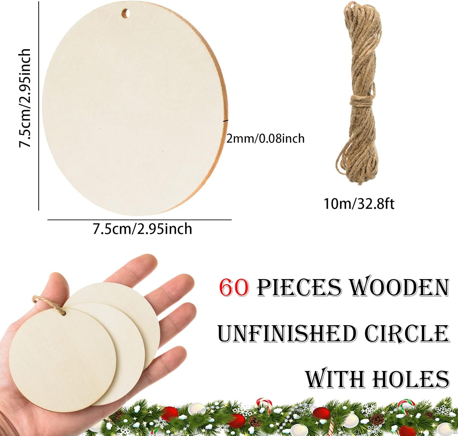 Wooden circles - Perforated - 60 pieces - Perforated wooden circles - Handwritten labels - Wooden hangtags - Blank wooden circles (for signs, ornaments, gift โ image 2