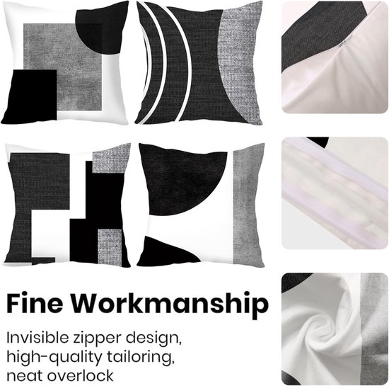 Pillowcase - 4-pack - Pillowcases with abstract geometric pattern - 45x45 cm - Pillowcases with zipper - Black and white pillowcases (pillow insert not โ image 4
