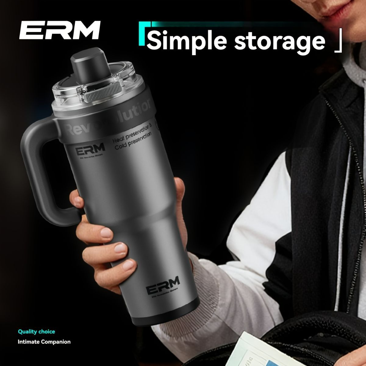 Giant Straw Tumbler Large Capacity Insulated Tumbler Ceramic Lined Cup - Metallic silver - Size porcelain-1200ml — image 2