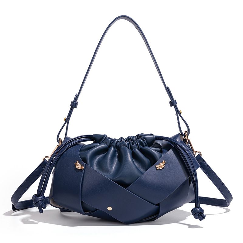 Handwoven PU Leather Drawstring Shoulder Crossbody Bag, Large Capacity Stylish Commuter Handbag with Structured Shape & Alloy Deco, Blue 29x10x15.5cm