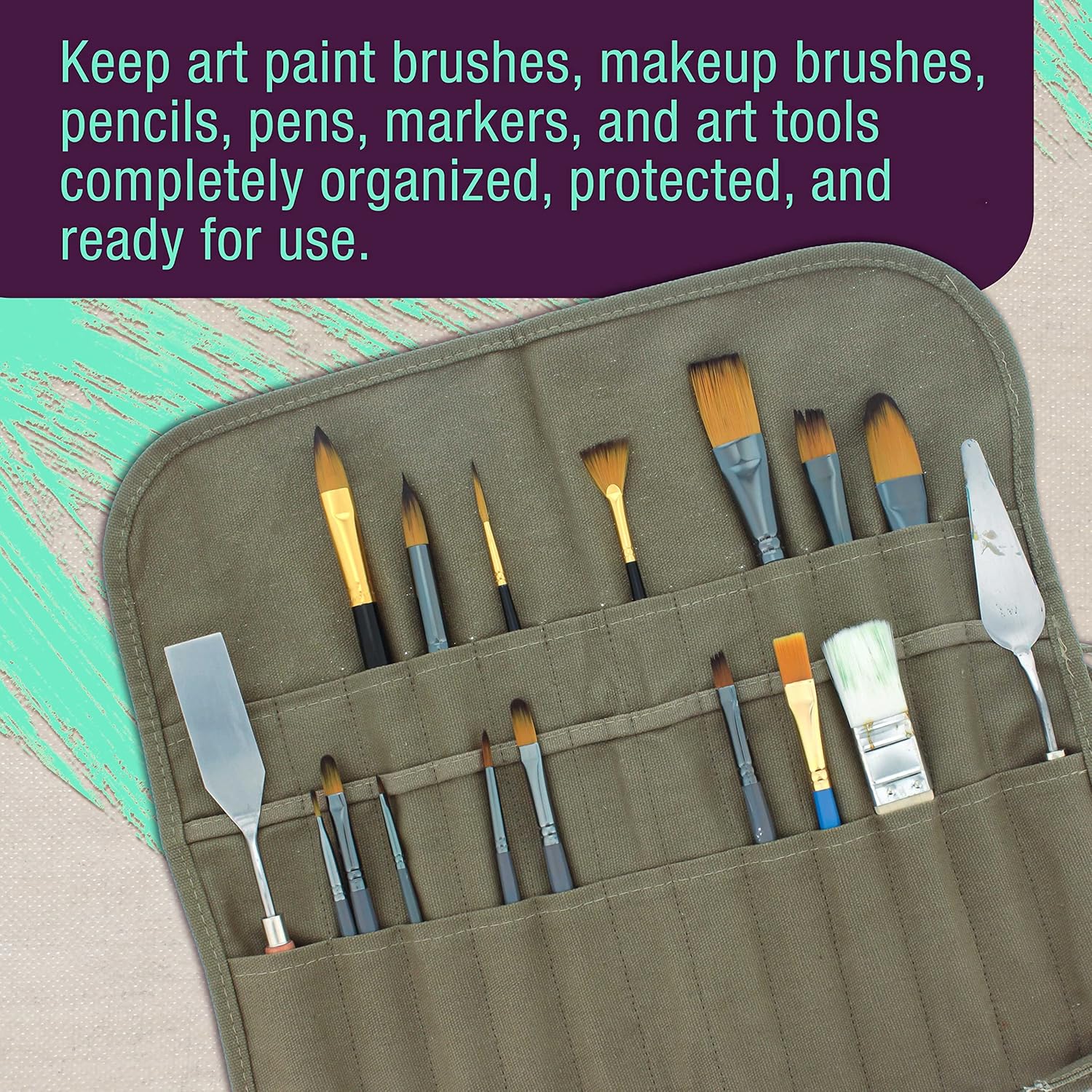 Deluxe Canvas Art Paint Brush Holder & Storage Organizer Roll-Up Case Bag - 24 Slot Pockets Carry Pouch - Protect Artist Acrylic Oil Watercolor Paintbrushes โ image 3