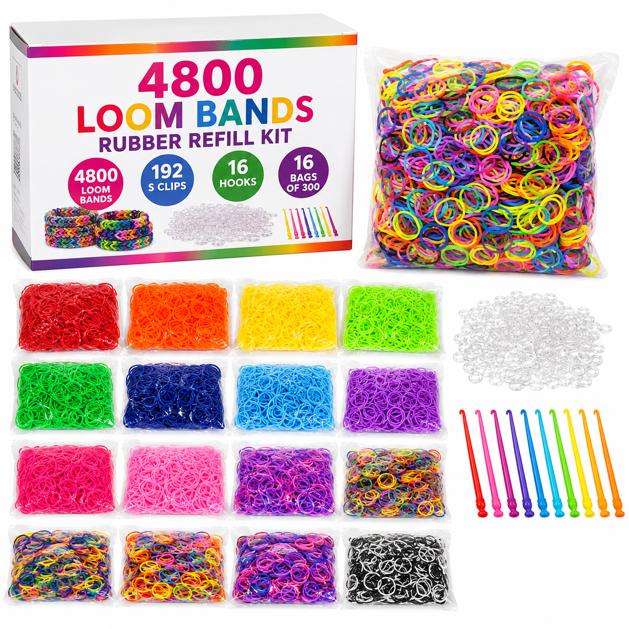 4800 LOOM BANDS Rubber Refill Kit DIY Magical Bracelet 192 S Clips 16 Hooks BULK - Mixed Colours β image 2