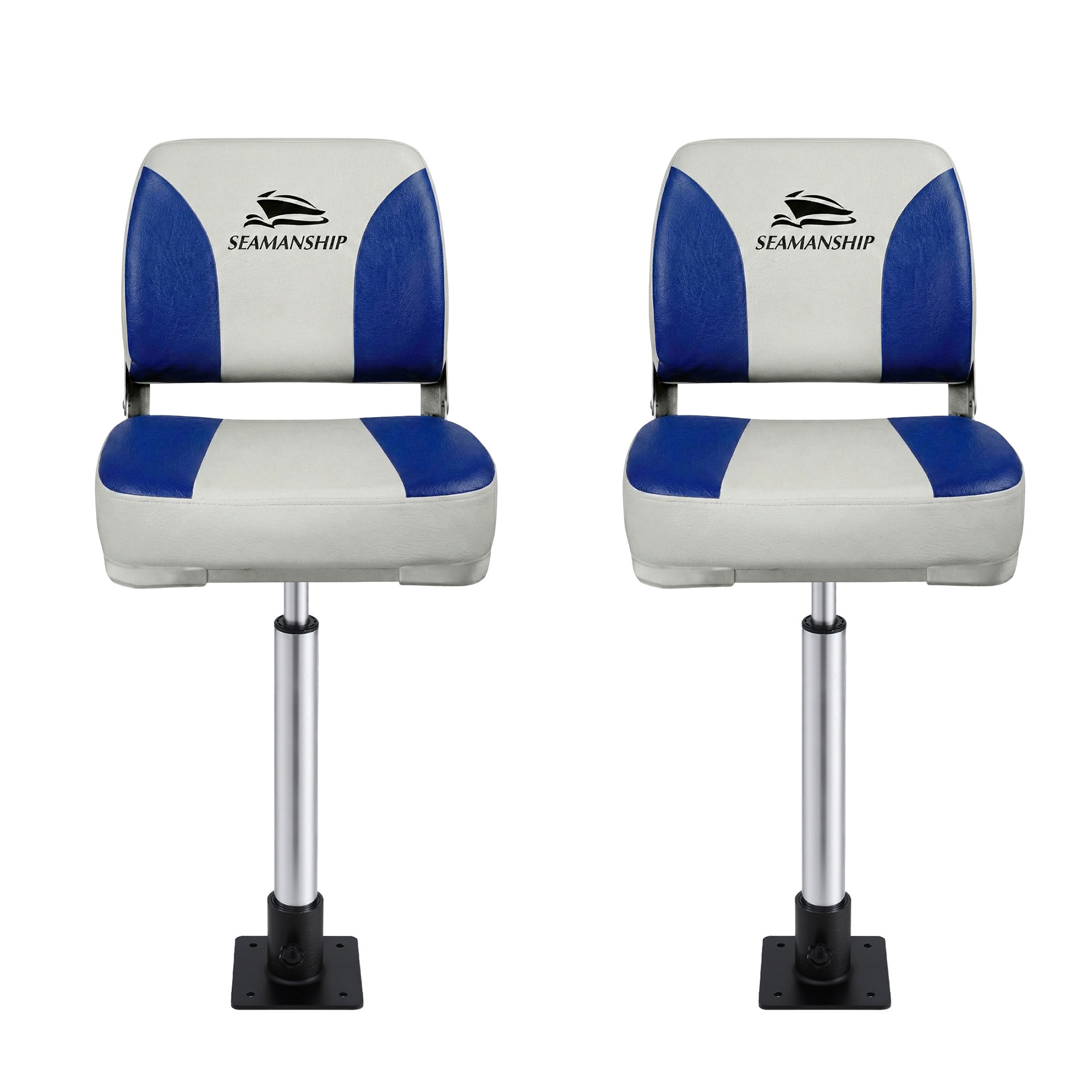 Seamanship 2X Folding Boat Seats with 2X Adjustable Pedestals 55–75cm Marine Swivel Low Back 13cm Padding White Blue — image 3