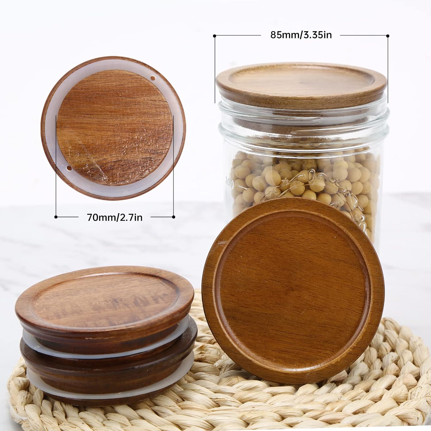 12 Pack Wide Mouth Mason Jar Lids, Reusable Canning Lids with Wooden and Silicone Seals - Perfect for Canning and Preserving in Mason Jars, Brown (12PCS Wide โ image 2