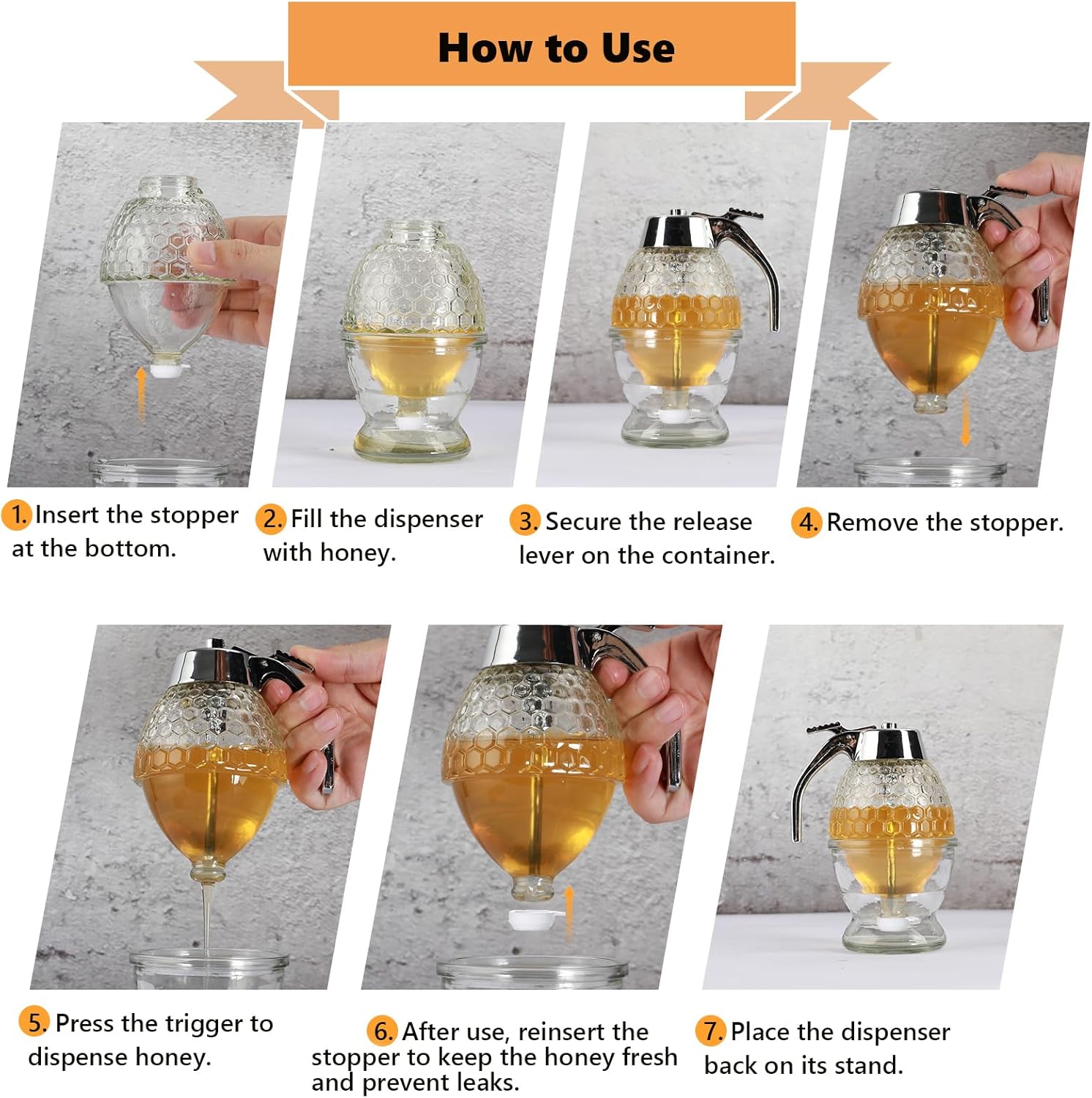 Honey Dispenser, Glass Honey Dispenser No Drip, Honey Pot with Stand, 8 oz Honey Jar, Maple Syrup Honey Container, Elegant Honeycomb Design for Home Decor for โ image 6