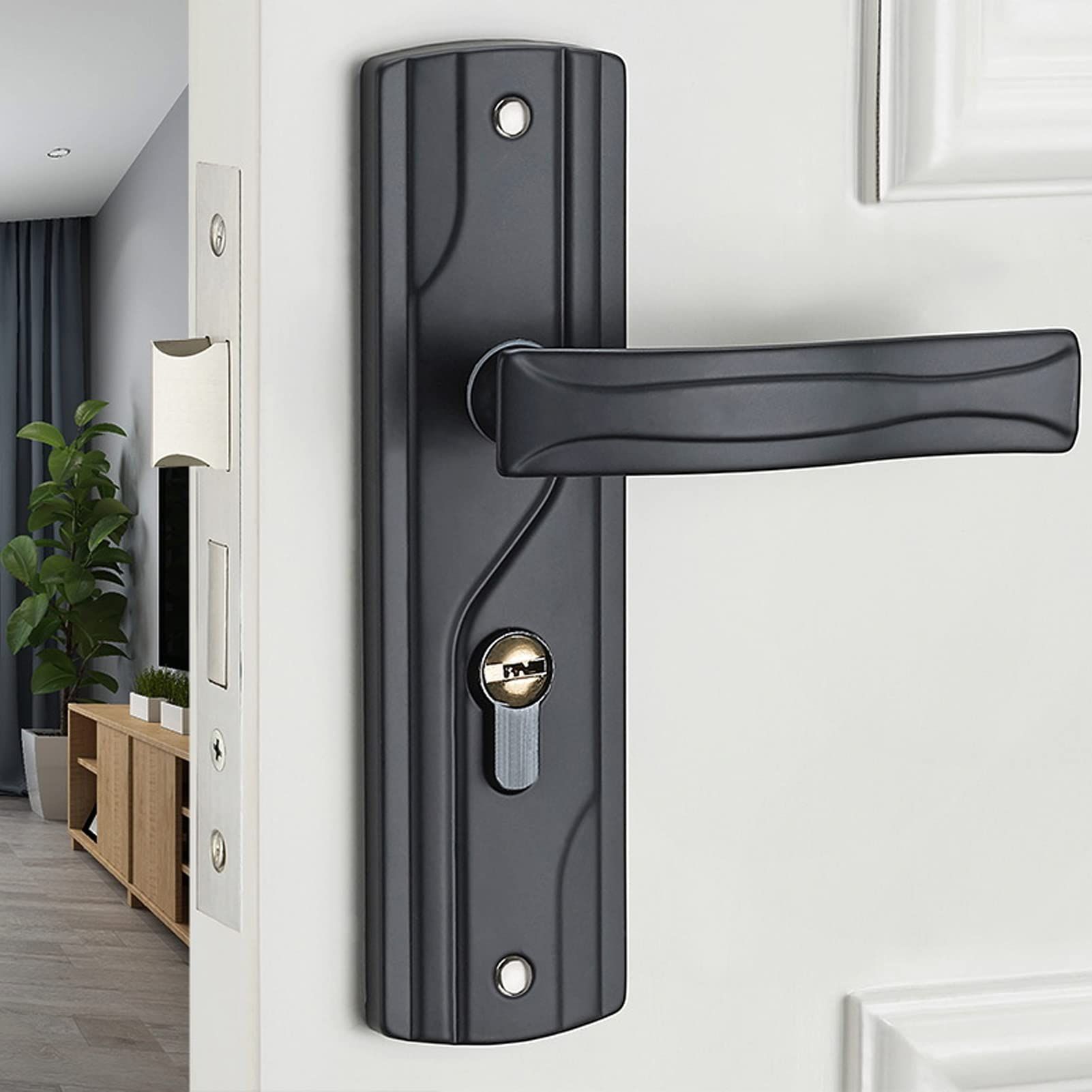 Door Handle Lock Black Front Door Lock Set with Keys Silent Bearing Lock Key Set for Universal Home Door (7x2x1.5inch) — image 5