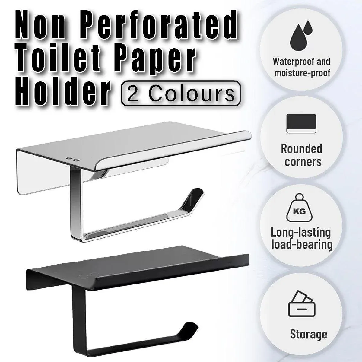 304 Stainless Steel Toilet Paper Holder Non-perforated Roll with Phone Rack - Black โ image 2