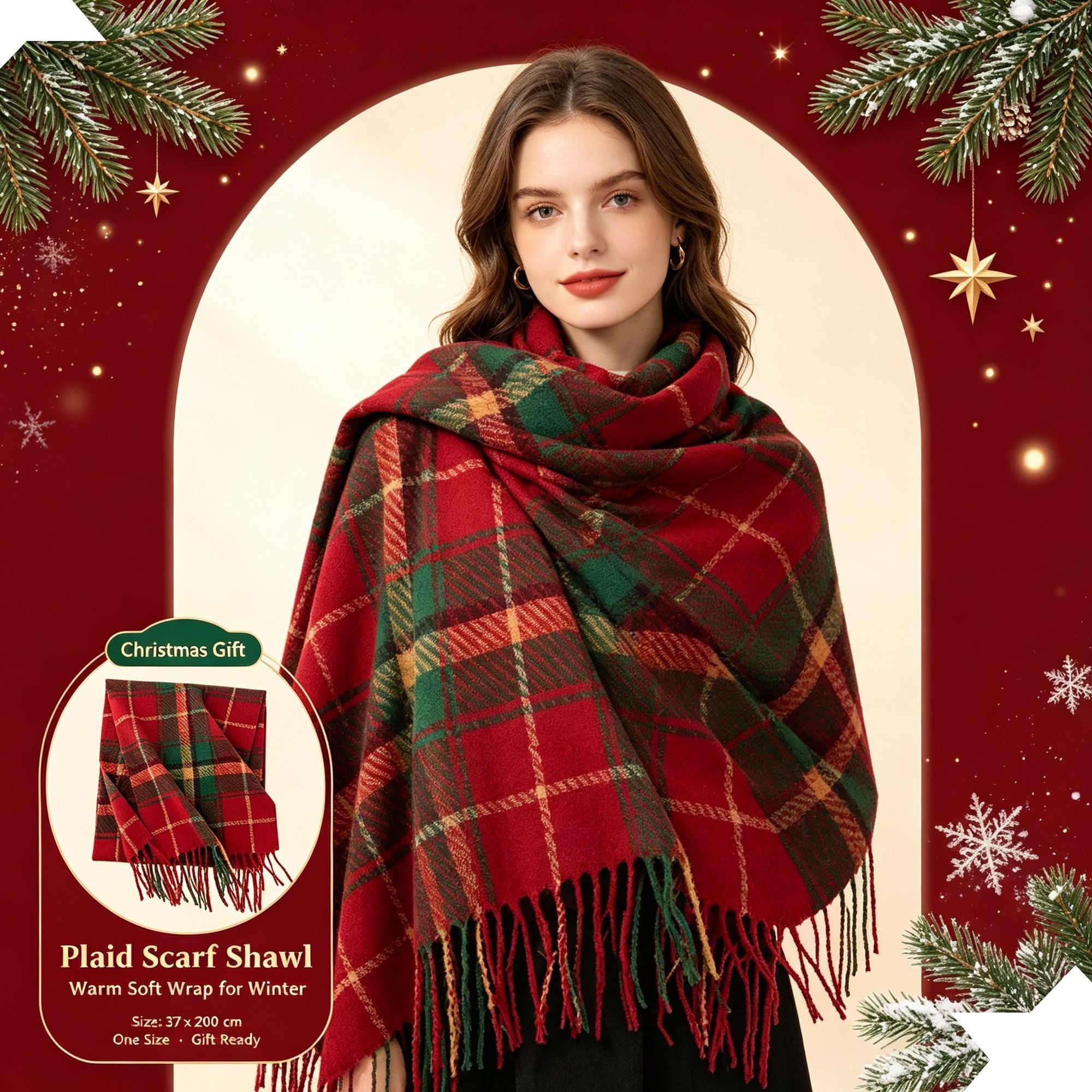 Xmas Red Green Check Scarf, Thick Cashmere Feel Cozy Neck Warmer Shawl 37x200cm Christmas Red Green Grid for Outfit Decor & Holiday Gift Hamper