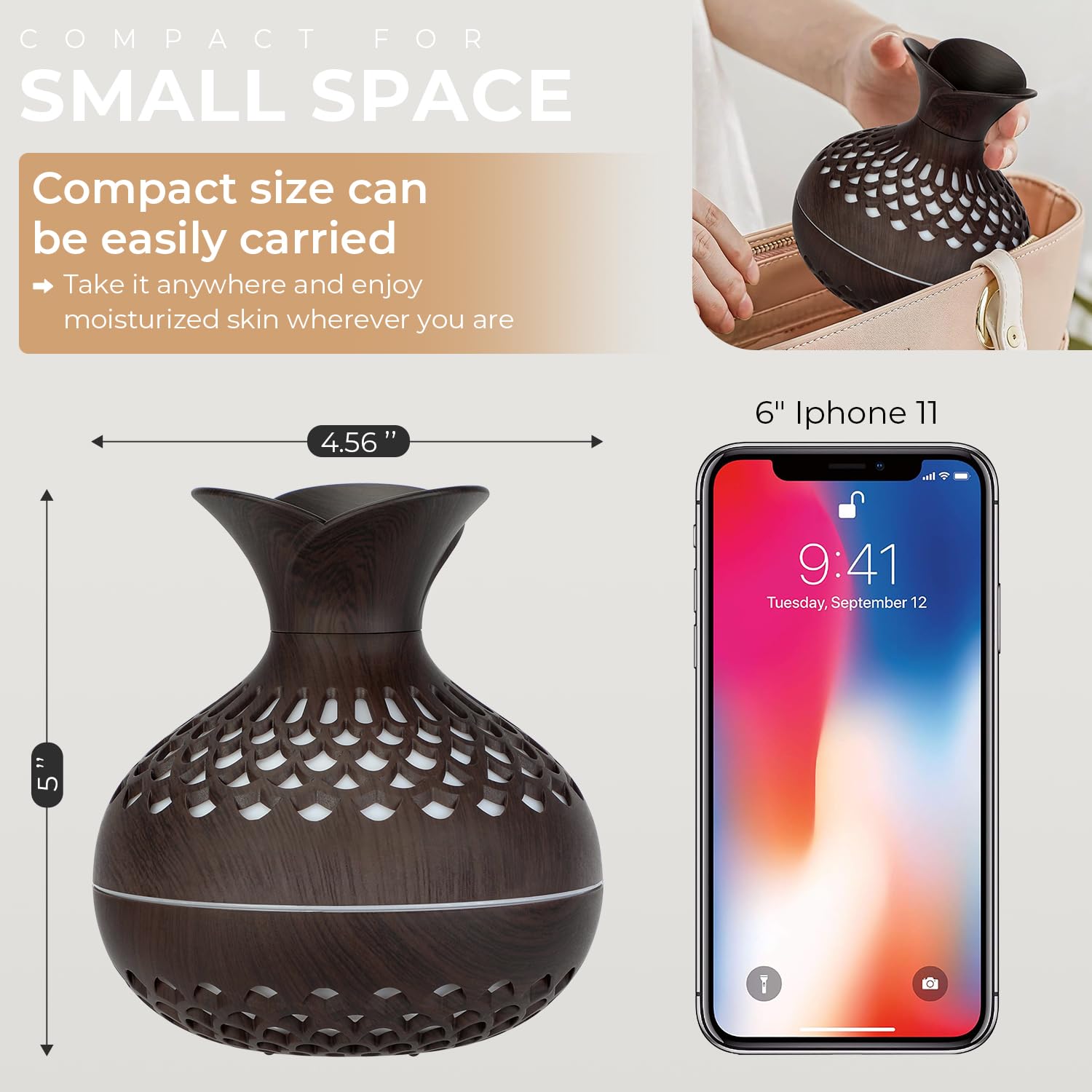 Portable USB Humidifier with 7-Color LED Night Light – Wood Grain Flower Design, Quiet Cool Mist Diffuser for Home, Office & Car (DarkWood) — image 2