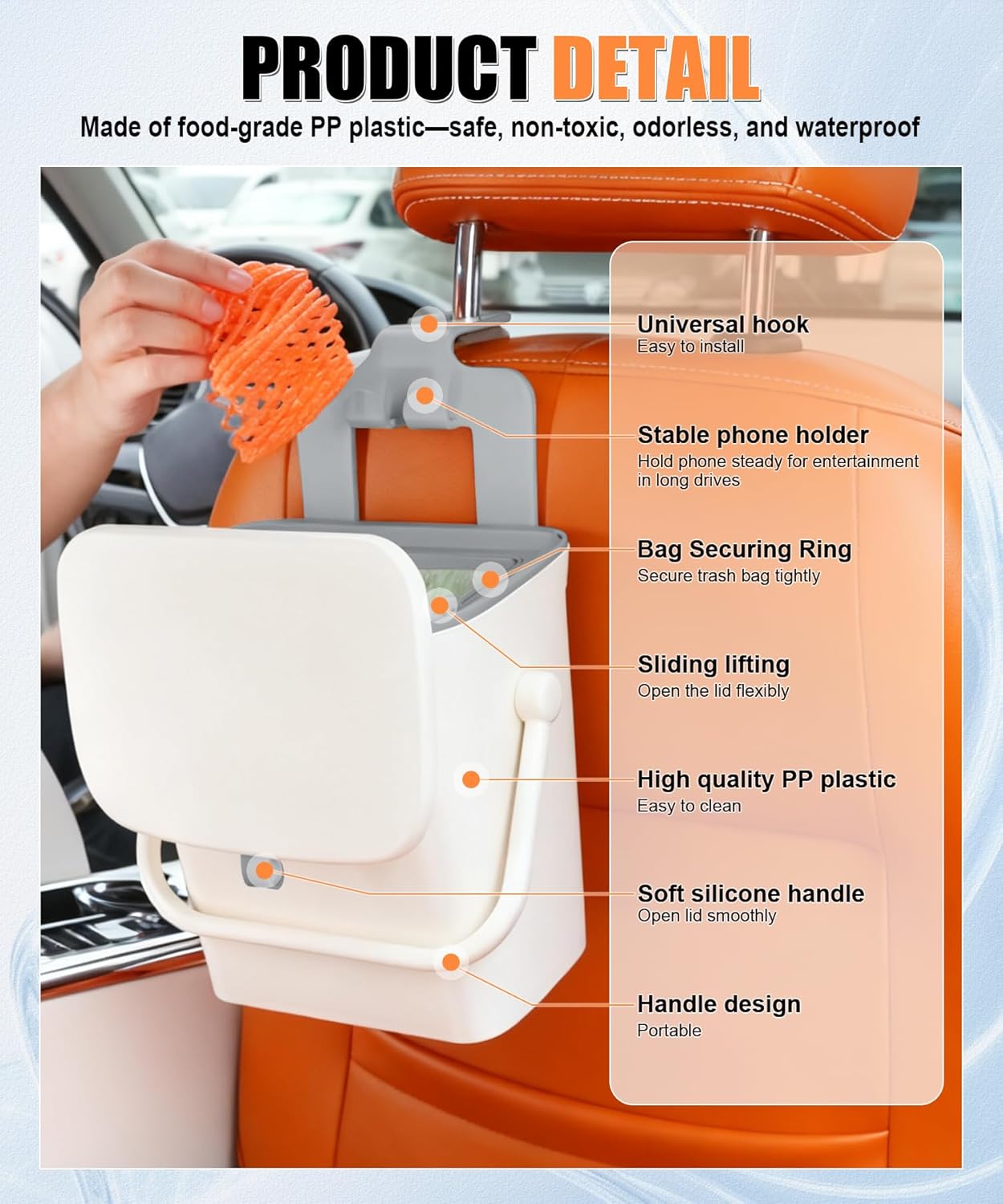 Car Trash Can with Lid and Phone Holder, Universal Bin, Waterproof Hanging Vehicle Garbage Can, Leak Proof Organizers Storage, Accessories Interior for Women â image 3