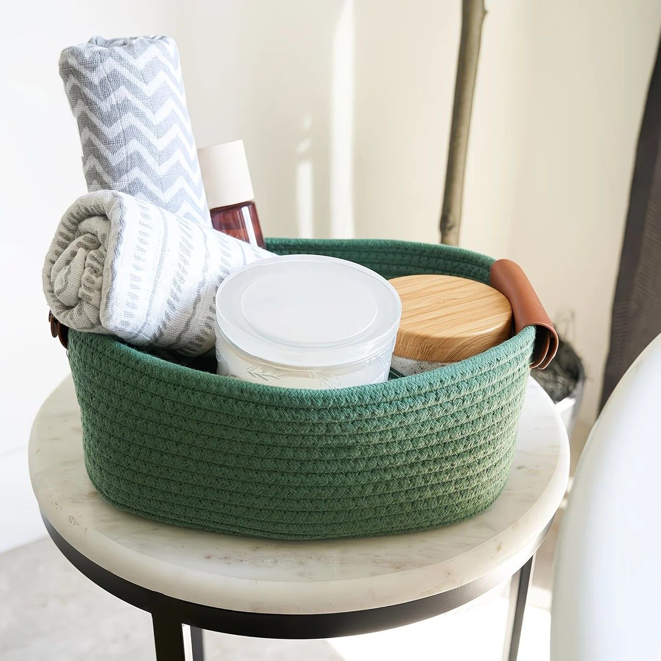 5-piece cotton rope storage basket set, cotton woven with leather handles, multiple sizes for organizing desk sundries, beautiful and practical to enhance โ image 5