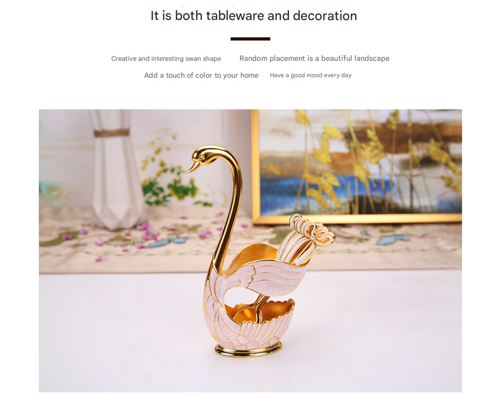 Elegant Swan Base Spoon Holder Set with 6 Coffee/Dessert Spoons(Gold and white spoon) — image 4