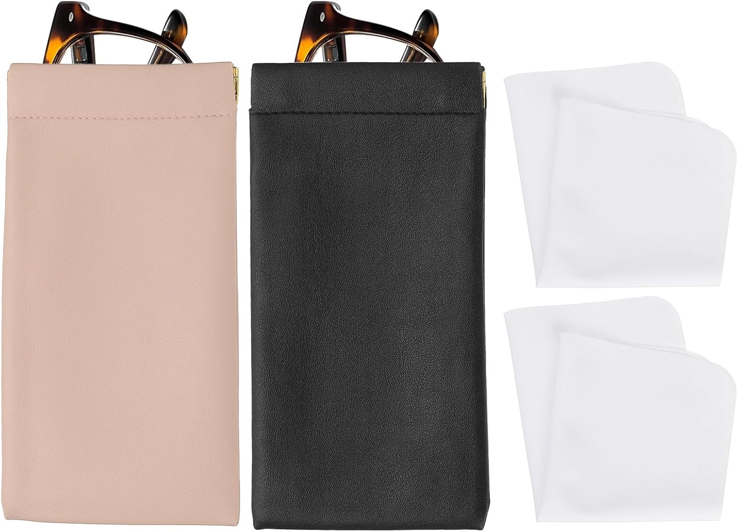 Squeeze Top Sunglass Pouch, PU Leather Soft Eyeglass Pouch Portable Travel Sunglasses Pouch(2 Set) White/Pink White