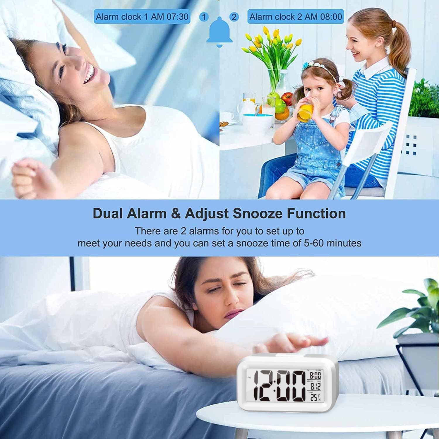 Upgraded Digital Alarm Clock, Display with Temperature Larger Lound Light Control Portable Snooze Calendar Brightness(White) — image 5