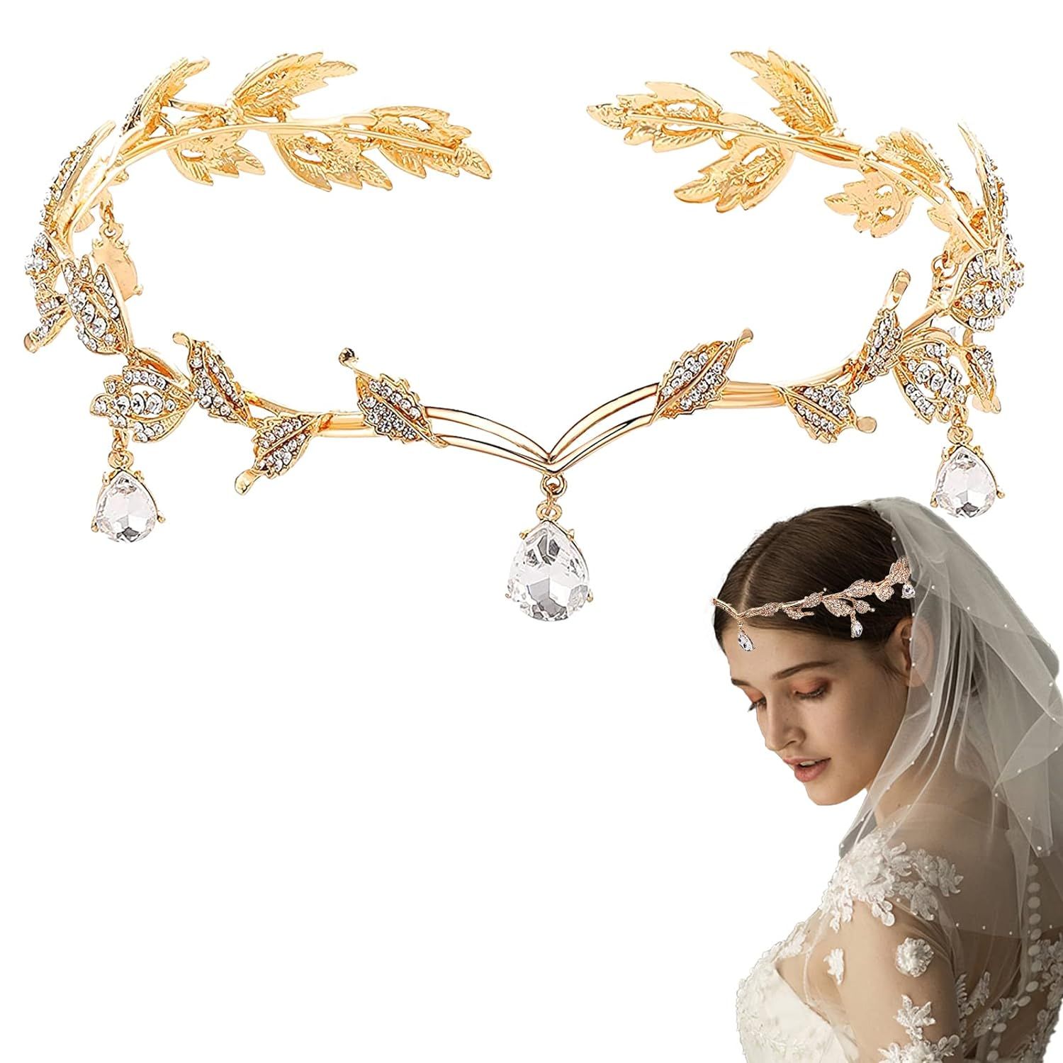 Crystal Leaf Wedding Diadem Headband Bridal Bridesmaid Forehead Band Rhinestone Bridal Tiara Crown (Gold)