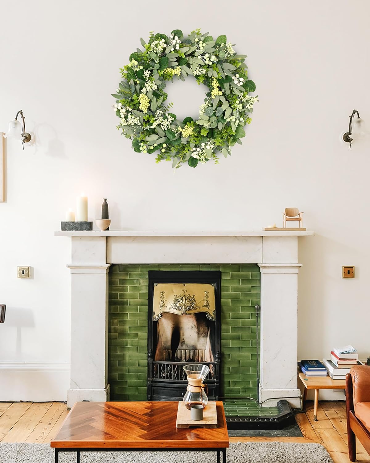 Green Eucalyptus Leaves Front Door Wreath, 24 Inch Artificial Spring Summer Greenery Wreath Front Door Decoration Boxwood with Big Berries Farmhouse Outdoor — image 6