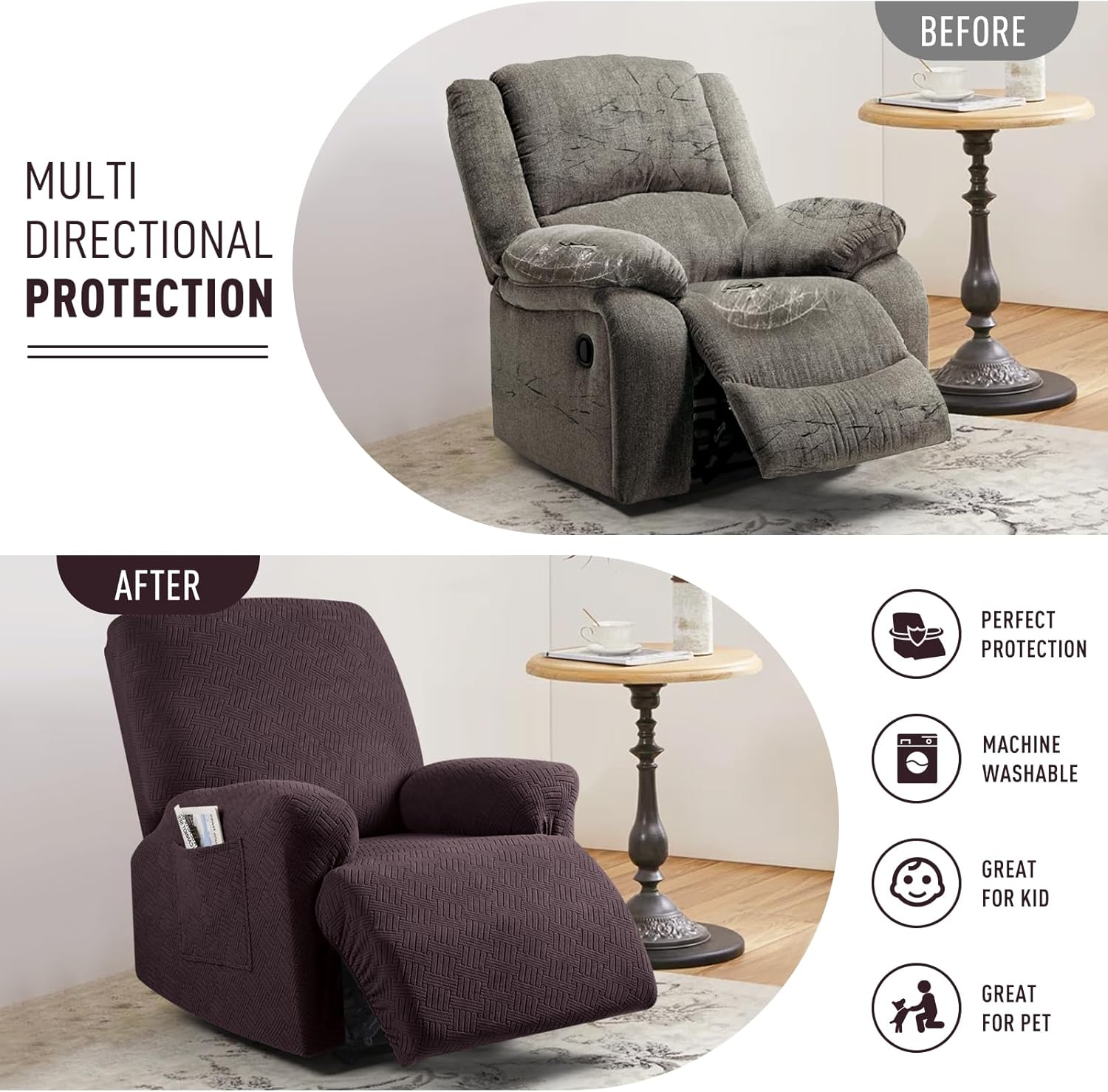 Recliner Covers, Stretch Reclining Chair Covers, Recliner Sofa Slipcovers Stripe Jacquard Recliner Couch Covers Furniture Protector Covers for Pet Kid (1 — image 3