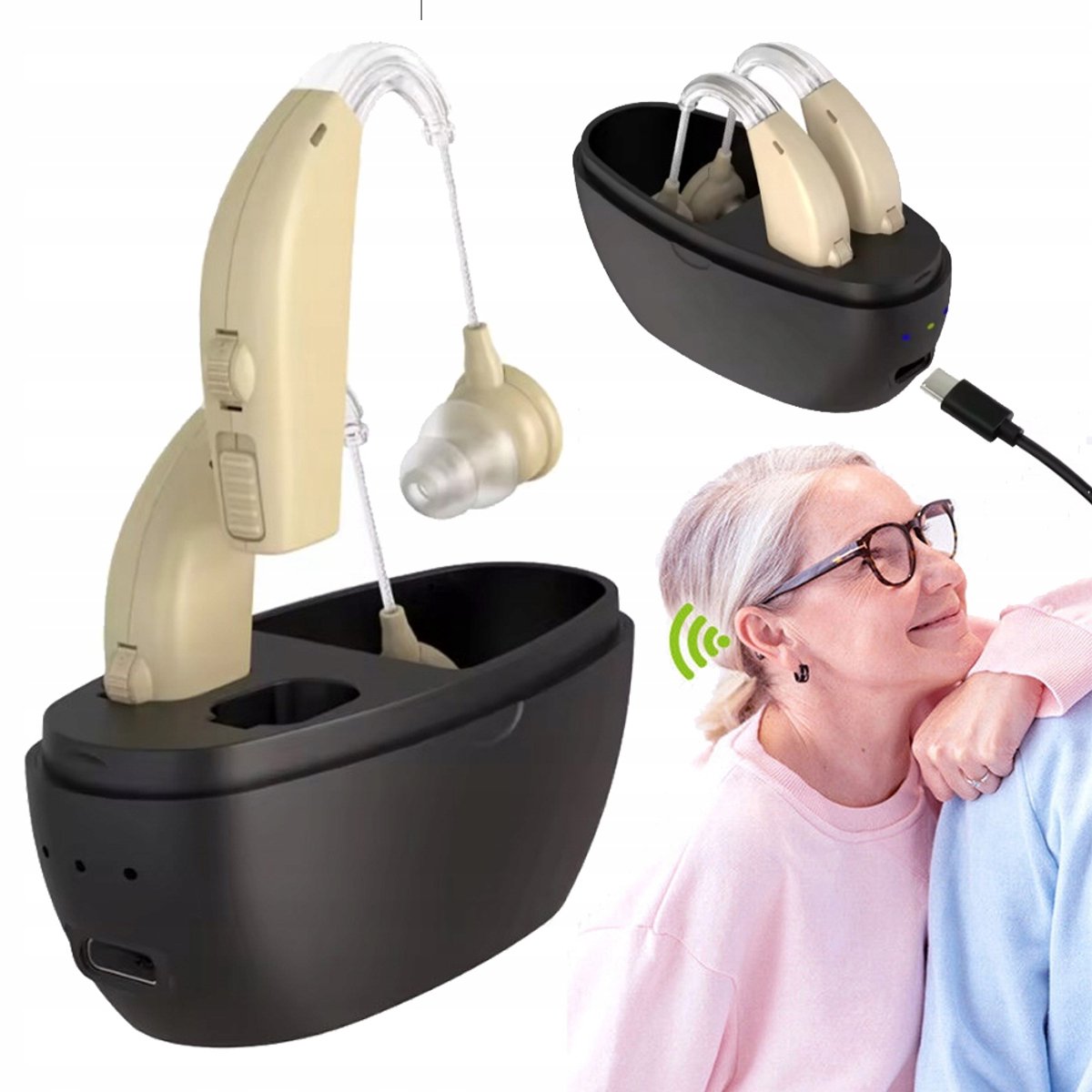 Digital hearing aid - Behind-the-ear sound collector - Rechargeable - Sound amplification - Intelligent noise cancellation - Dynamic speaker - In-ear detection