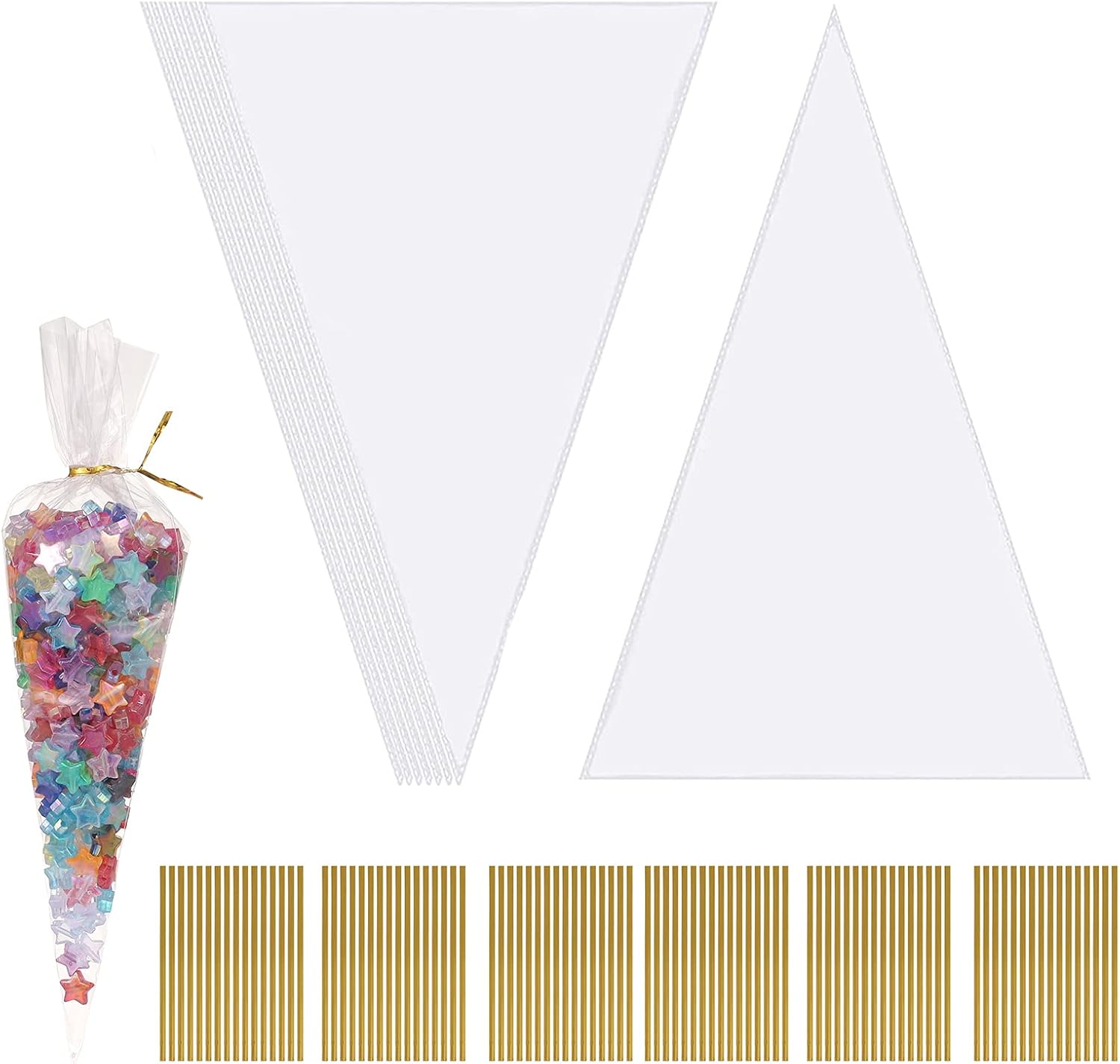 200 Pcs Clear Cone Bags Triangle Goody Bags Plastic Bags with Twist Ties Clear Cello Cellophane Bags Transparent Party Treat Sweets Bags for Baking Candy