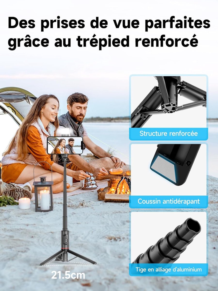 Selfie stick - Phone tripod - Tripod with auxiliary light - Mobile phone holder - With lighting function - Remote control - 75mm aluminum phone holder - Selfie — image 6