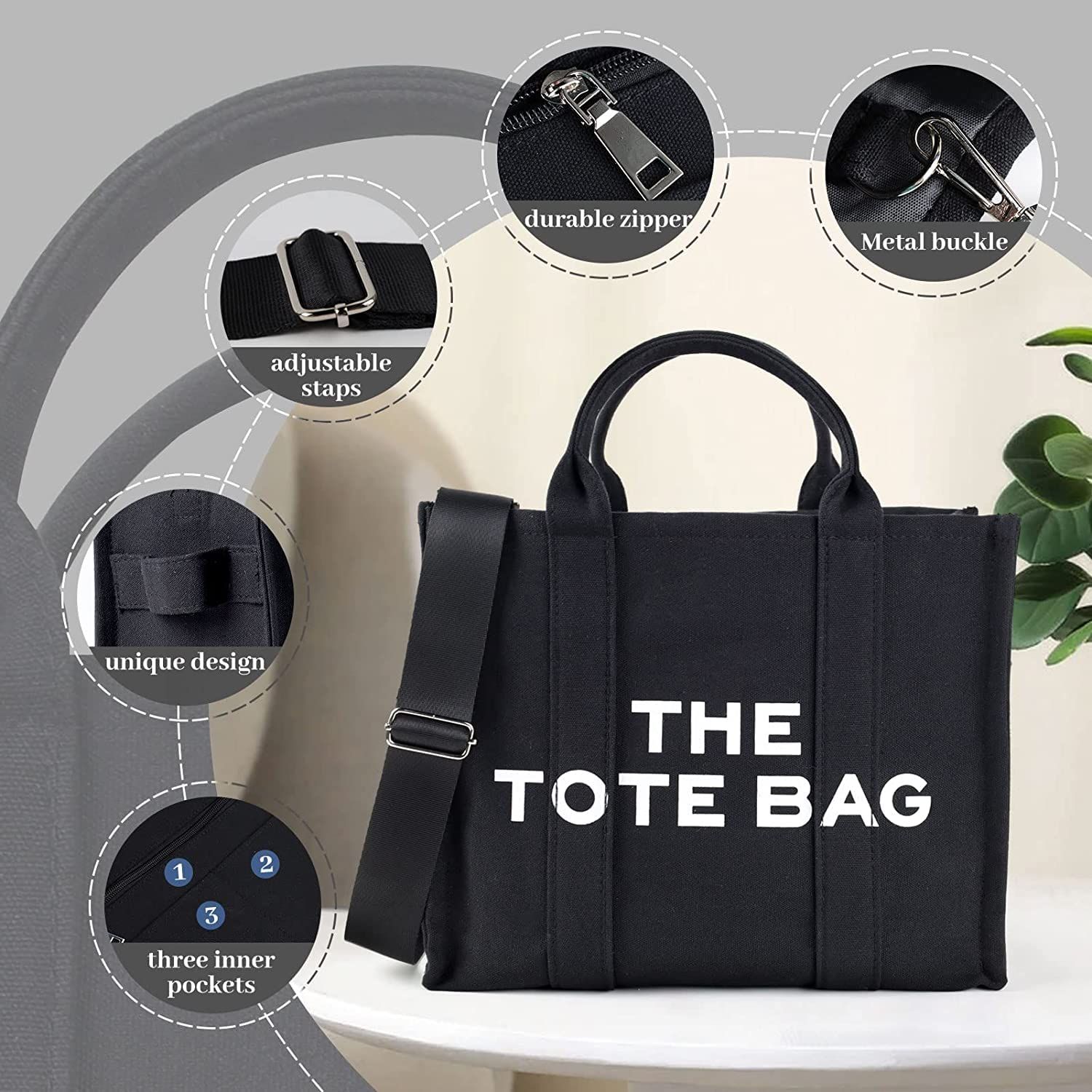 (black )Tote Bag for Women Canvas Shoulder Cord Purse with Inner Pocket Women's Logo and print Large Tote Bag — image 3