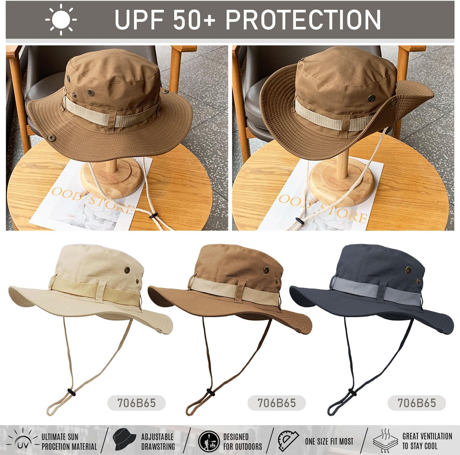 Fishing Hat, Wide Brim Breathable Sun Boonie Hat Safari Hiking Hats Beach Bucket Cap for Men Women — image 5