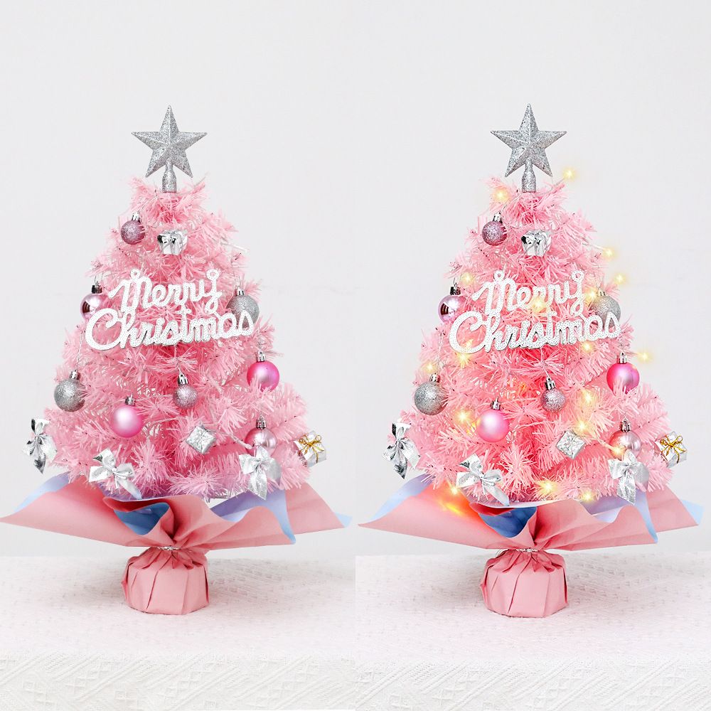 45cm Pink Mini Christmas Tree | Natural Log Base, Pink & Blue Wrapped Design, Star Topper, Letter Sign, Ornaments & Bows, Sweet Desktop Holiday Décor (No — image 2