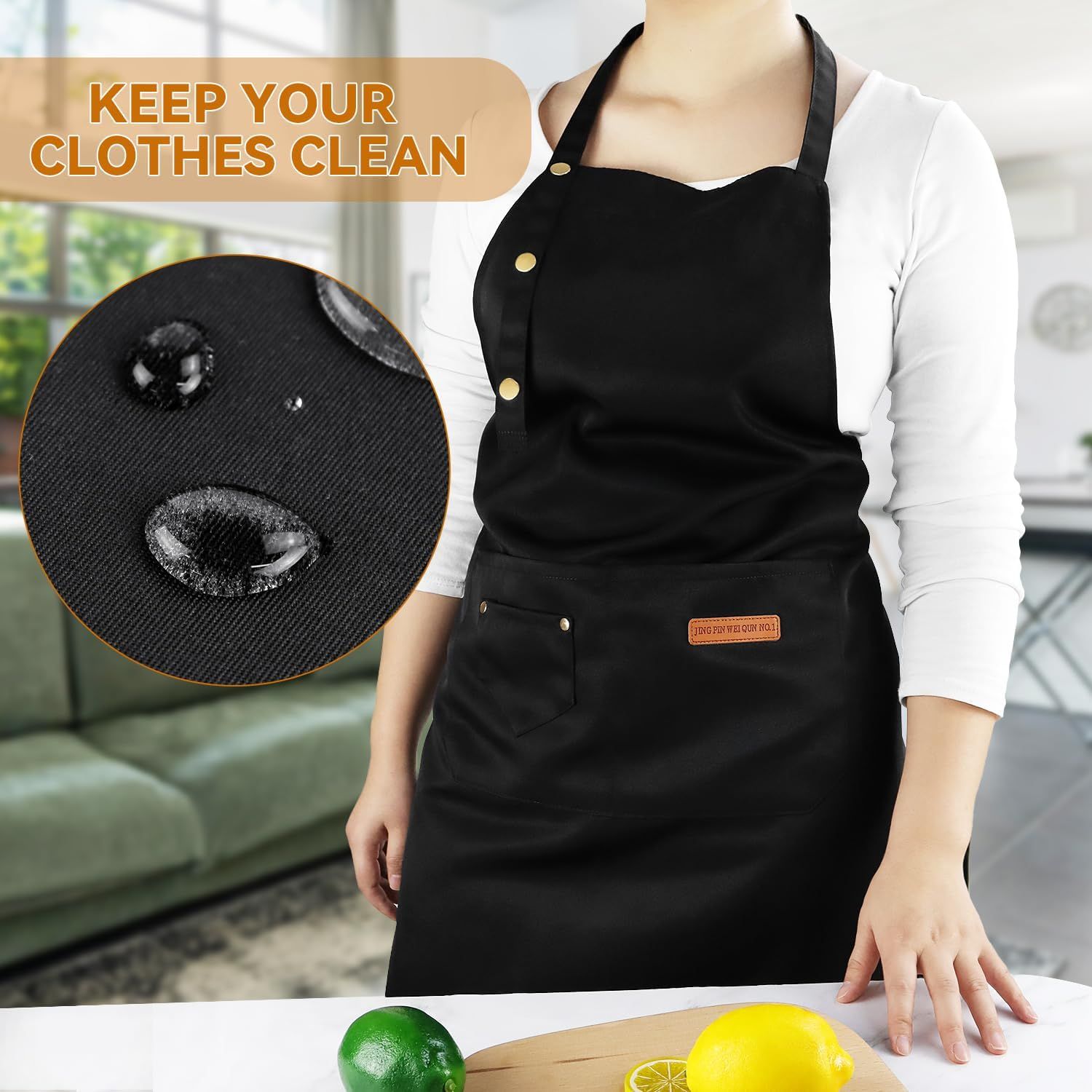 Waterproof Canvas Kitchen Apron with Adjustable Neck Strap and Front Pocket, Cooking and BBQ Apron for Adults, Black, 64.8 x 71.1 cm โ image 3
