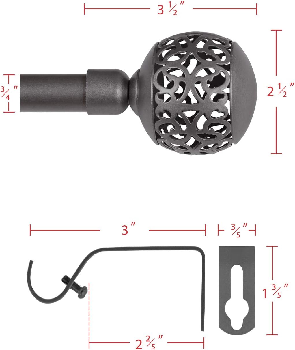 Window Treatment Single Curtain Rod Set Telescoping with Carved Hollow Ball Finials, Adjustable Length from 28 to 48-Inch, 3/4 Inch Diameter, Pewter 28"-48" — image 6