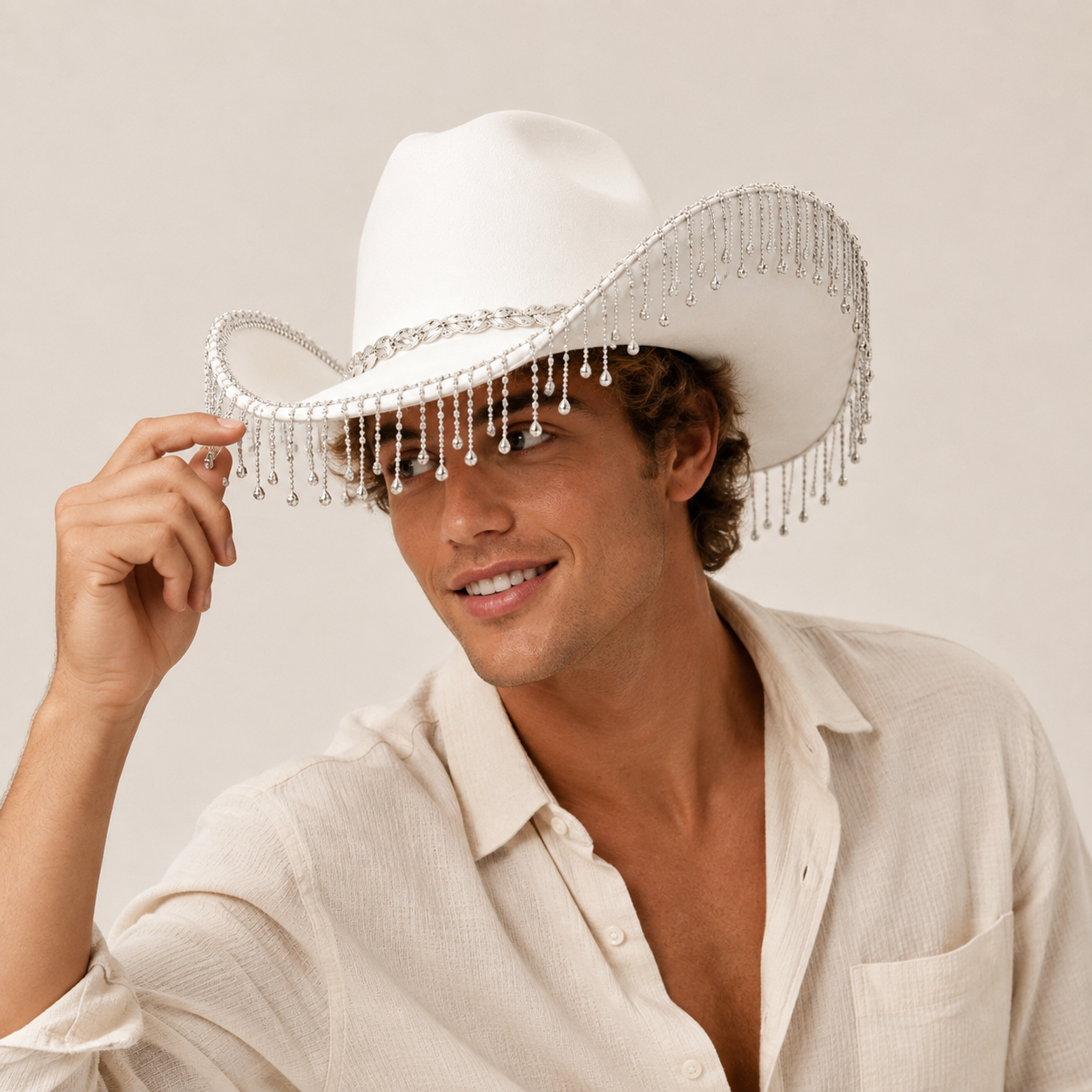 Western Cowboy Hat with Rhinestone Tassel Fringe - White Felt-Style Party Hat with Decorative Chain for Festivals, Weddings and Stage Outfits โ image 3