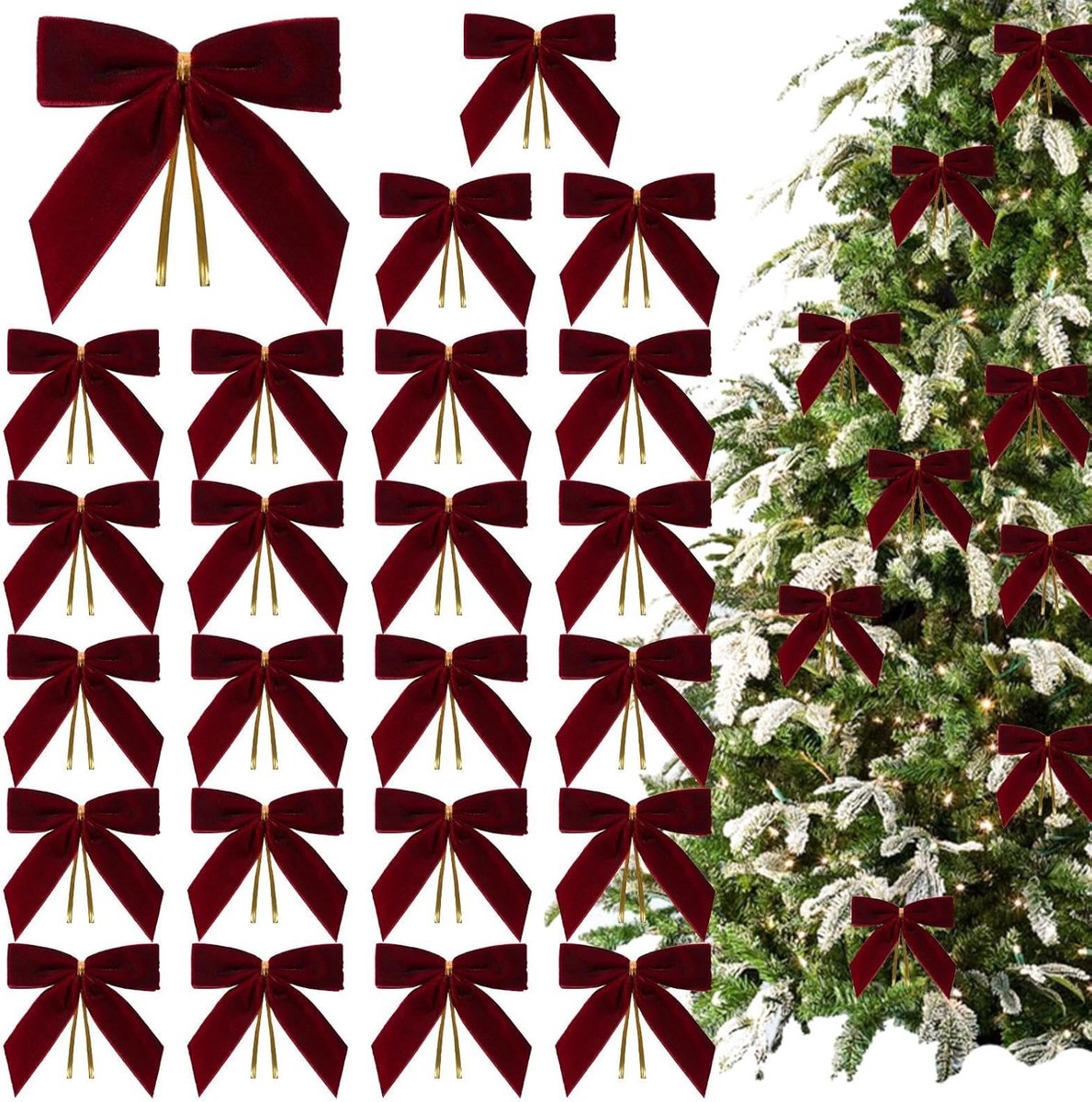 24 Piece Velvet Christmas Bows - Glitter - Christmas Decoration Bows - Christmas Ornaments - Christmas Tree Decoration - Christmas Bows - Christmas Atmosphere