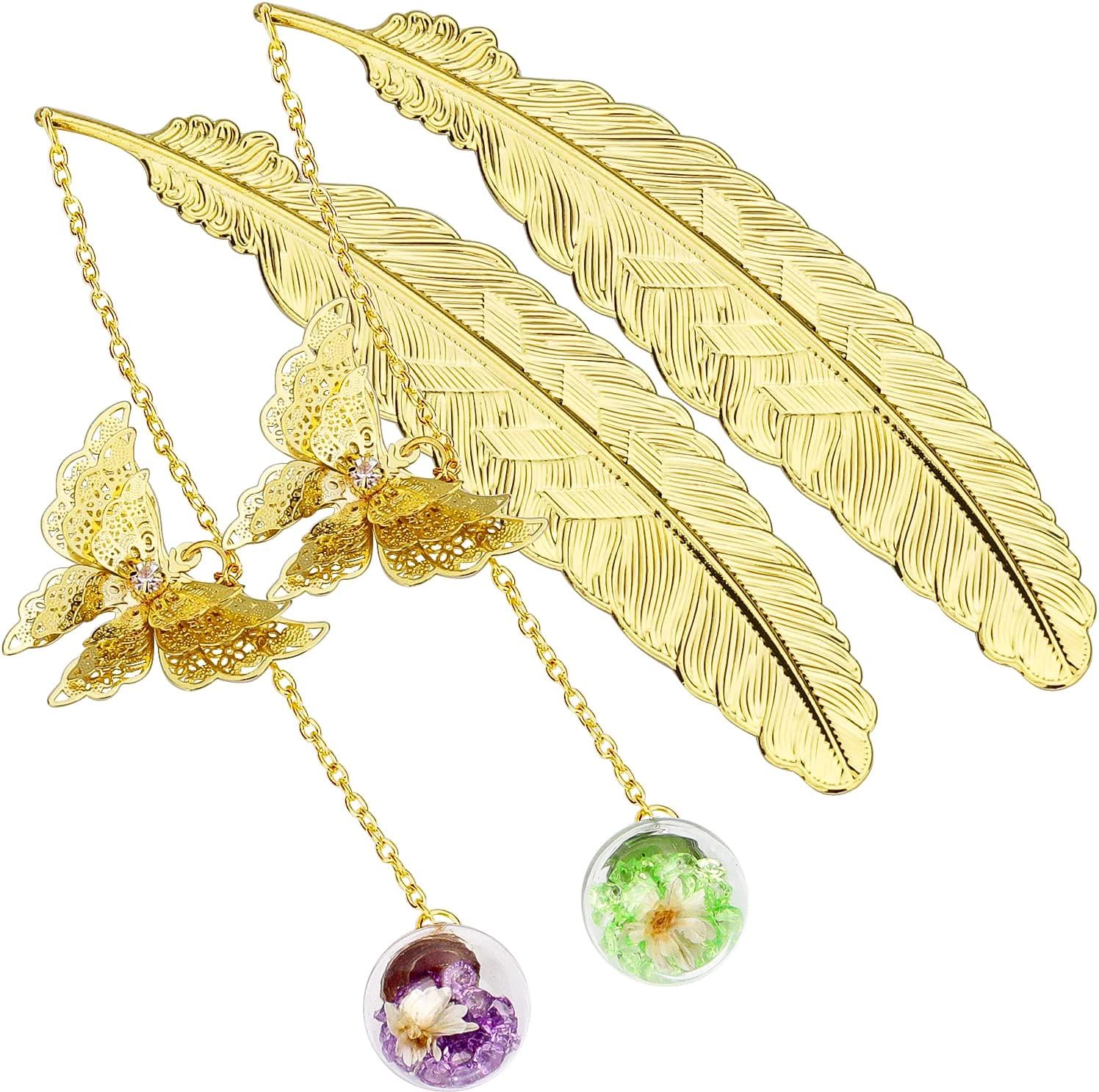 Metal Feather Bookmark with 3D Butterfly Pendant Christmas Thanksgiving Unique Gift for Book Lover Teacher 2 Pack